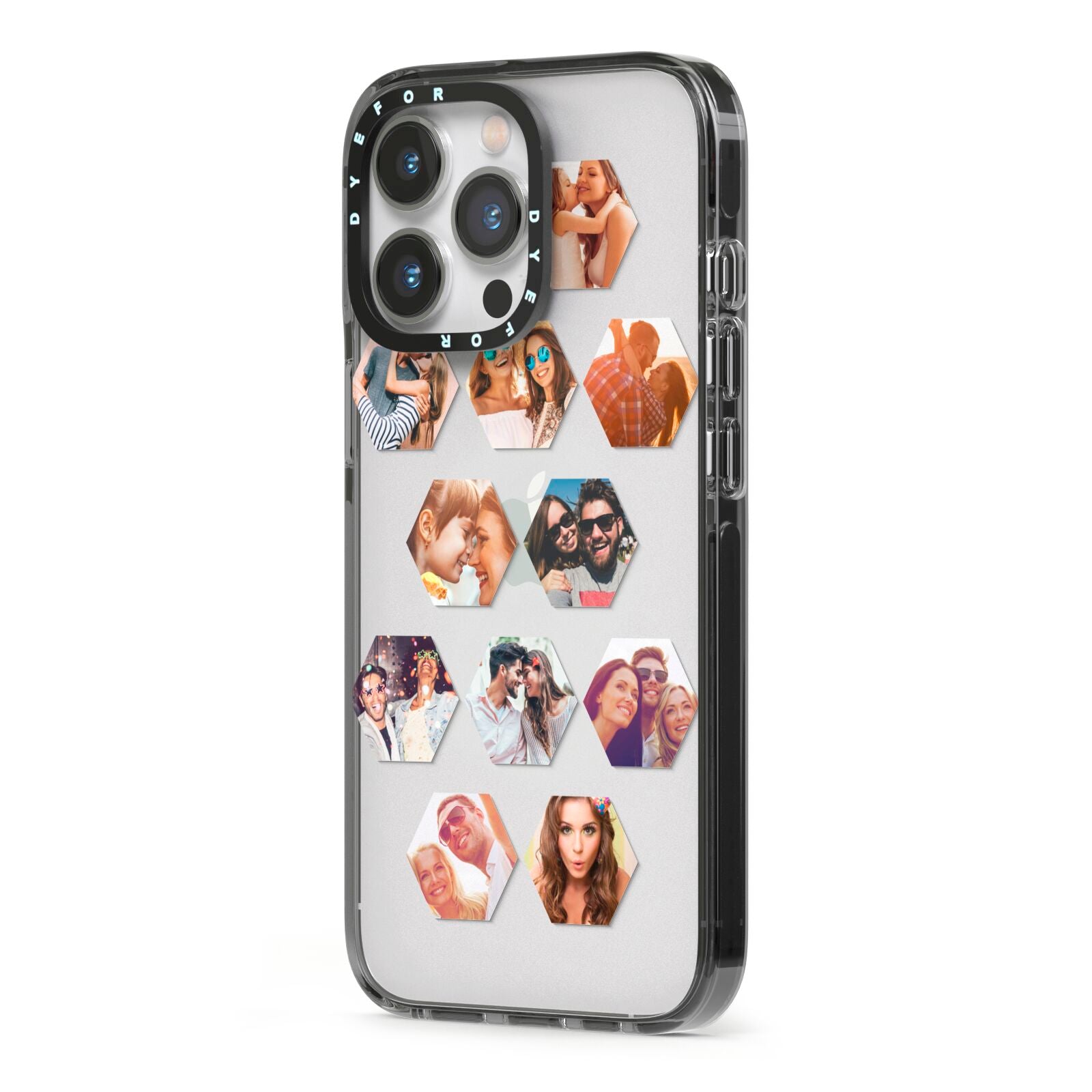 Photo Collage Hexagon iPhone 13 Pro Black Impact Case Side Angle on Silver phone