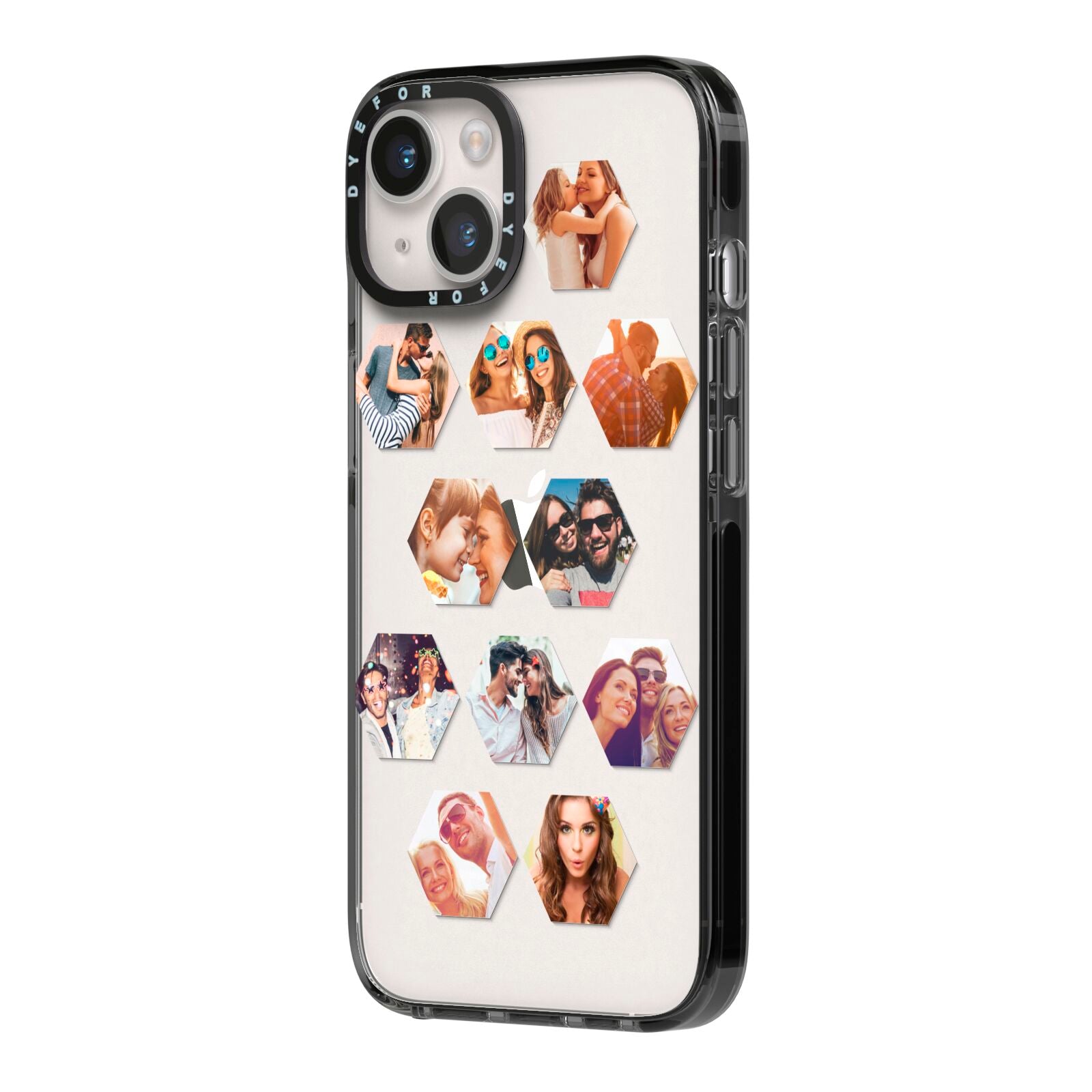 Photo Collage Hexagon iPhone 14 Black Impact Case Side Angle on Silver phone