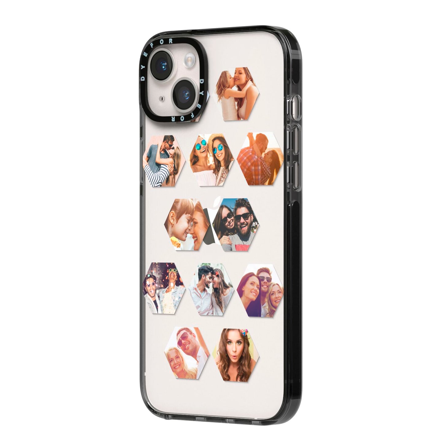 Photo Collage Hexagon iPhone 14 Plus Black Impact Case Side Angle on Silver phone