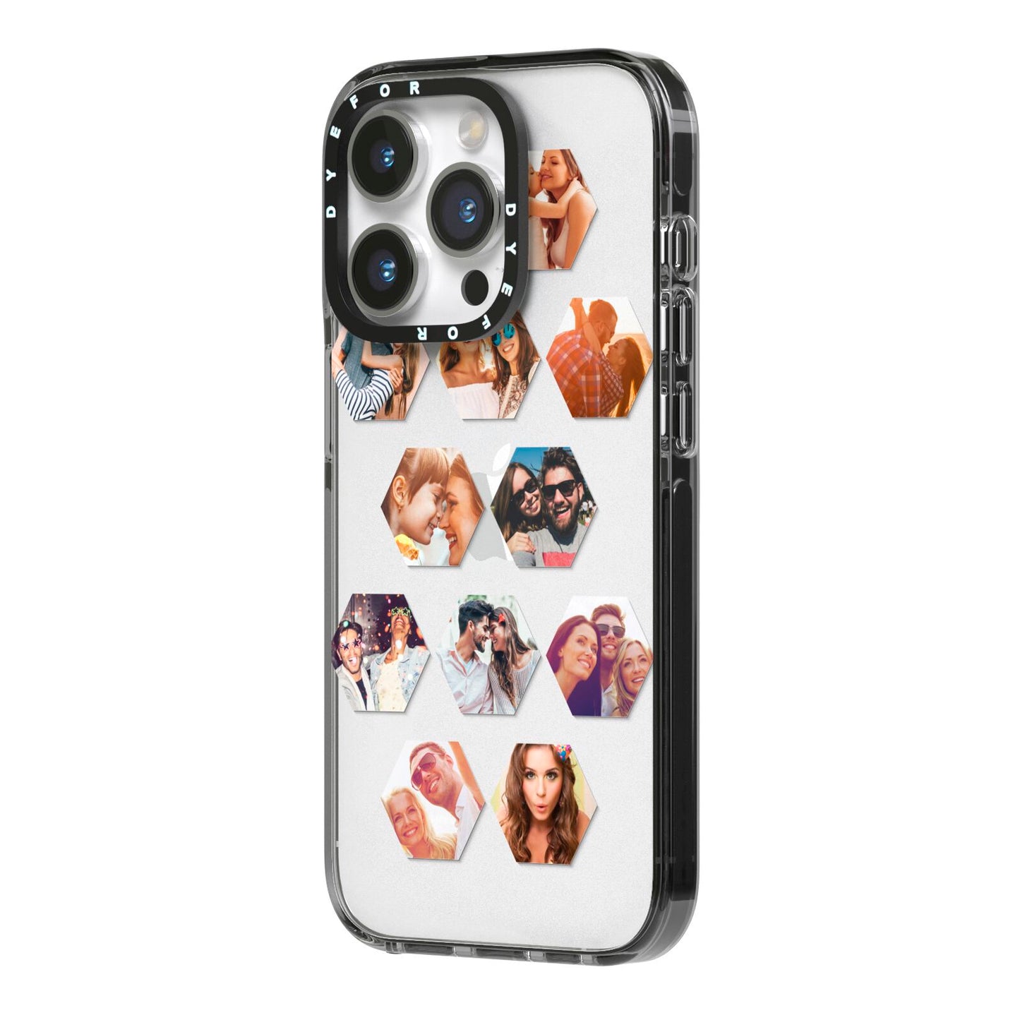 Photo Collage Hexagon iPhone 14 Pro Black Impact Case Side Angle on Silver phone