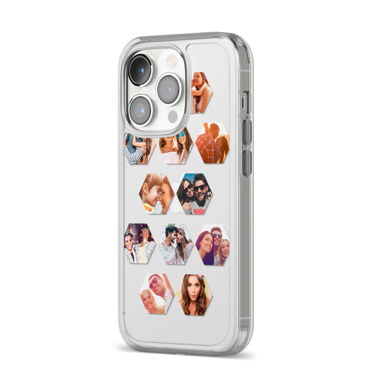 Photo Collage Hexagon iPhone 14 Pro Clear Tough Case Silver Angled Image