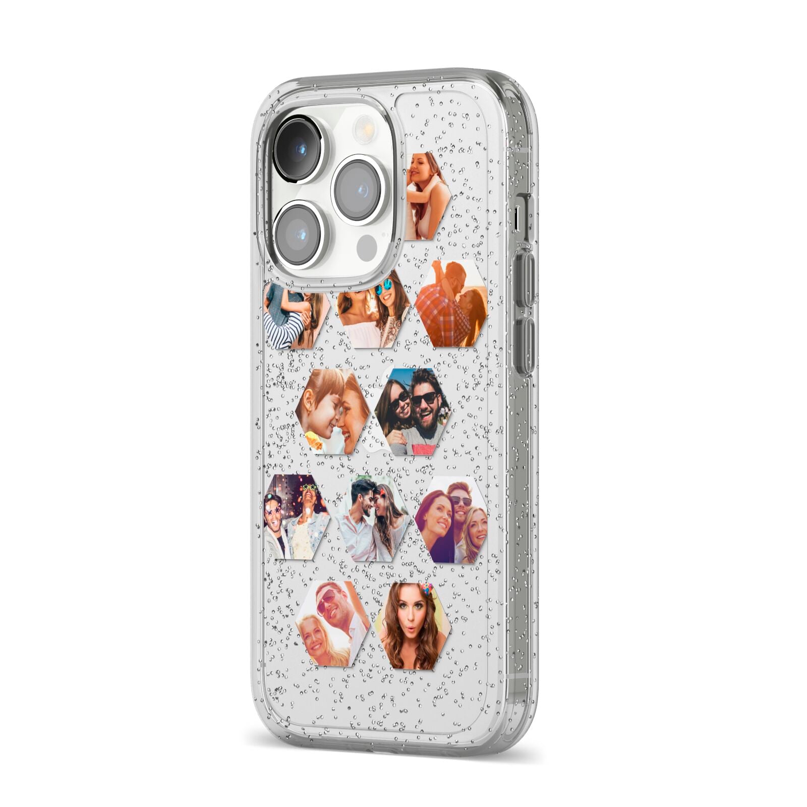 Photo Collage Hexagon iPhone 14 Pro Glitter Tough Case Silver Angled Image