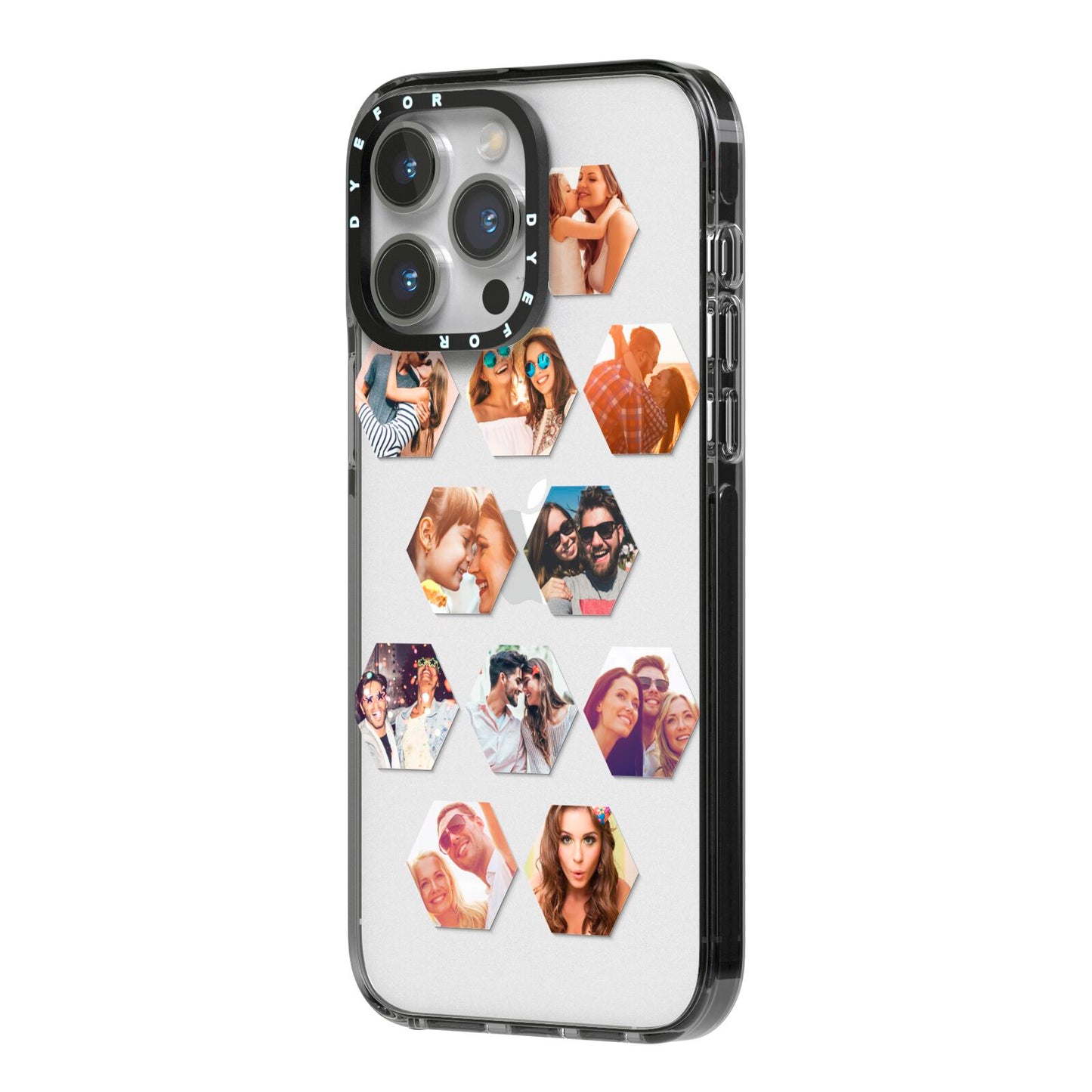 Photo Collage Hexagon iPhone 14 Pro Max Black Impact Case Side Angle on Silver phone
