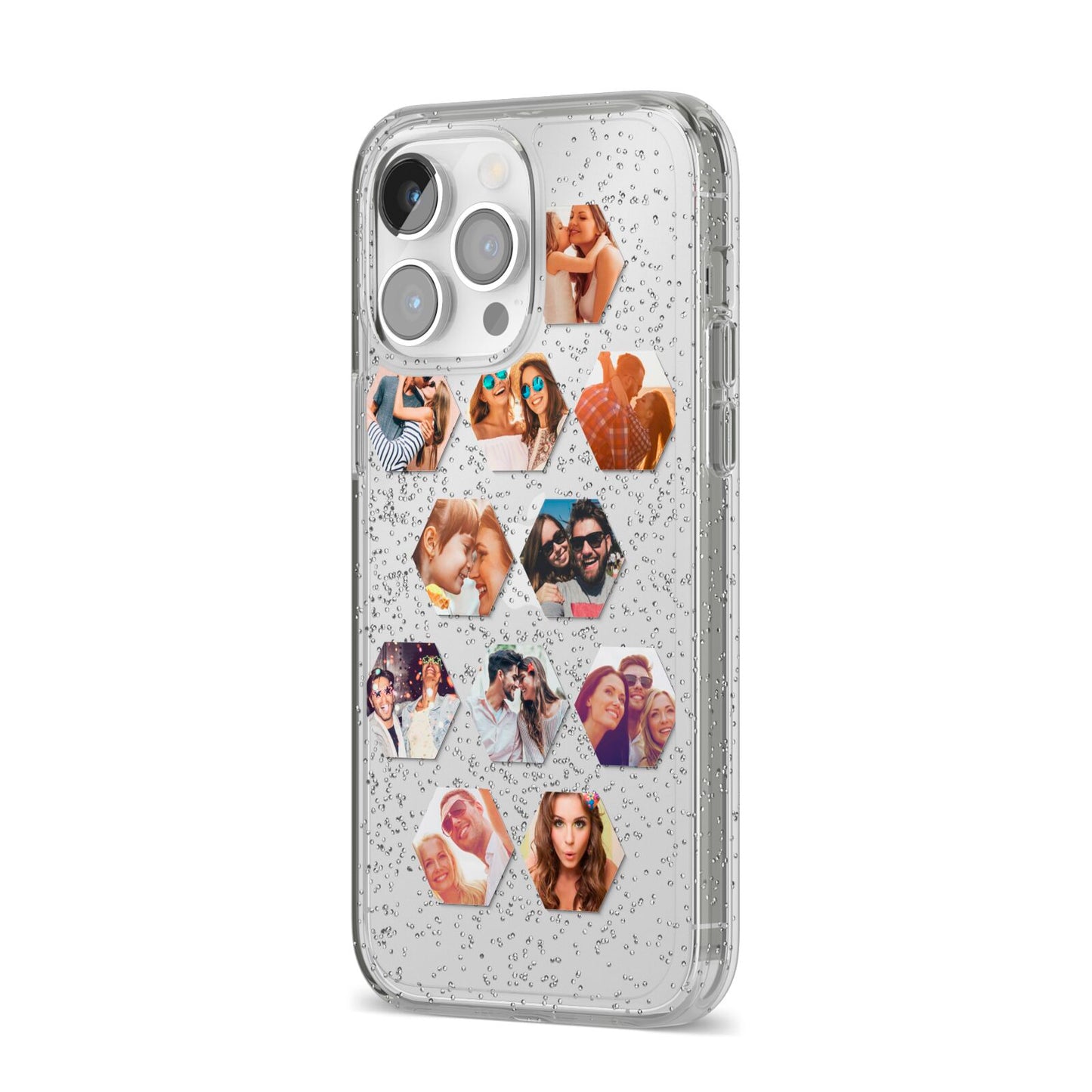 Photo Collage Hexagon iPhone 14 Pro Max Glitter Tough Case Silver Angled Image