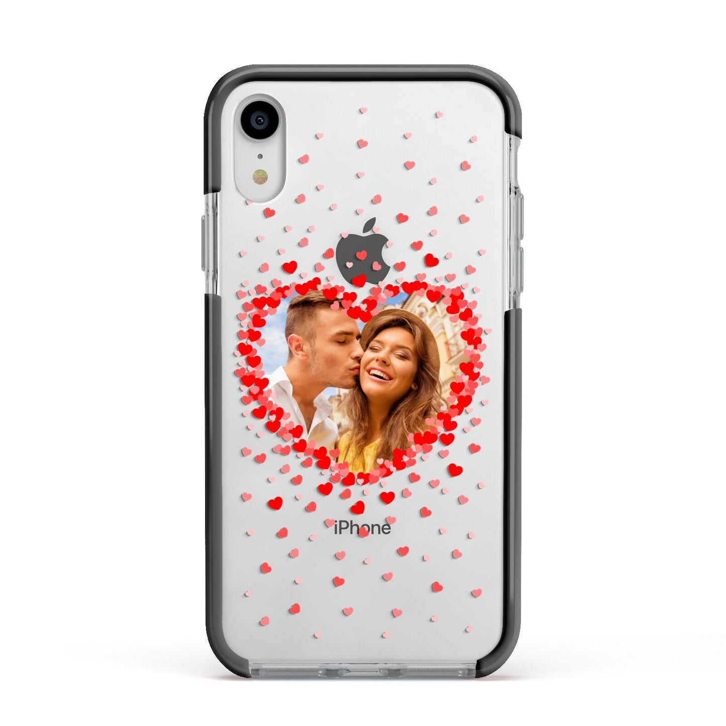 Photo Confetti Heart Apple iPhone XR Impact Case Black Edge on Silver Phone