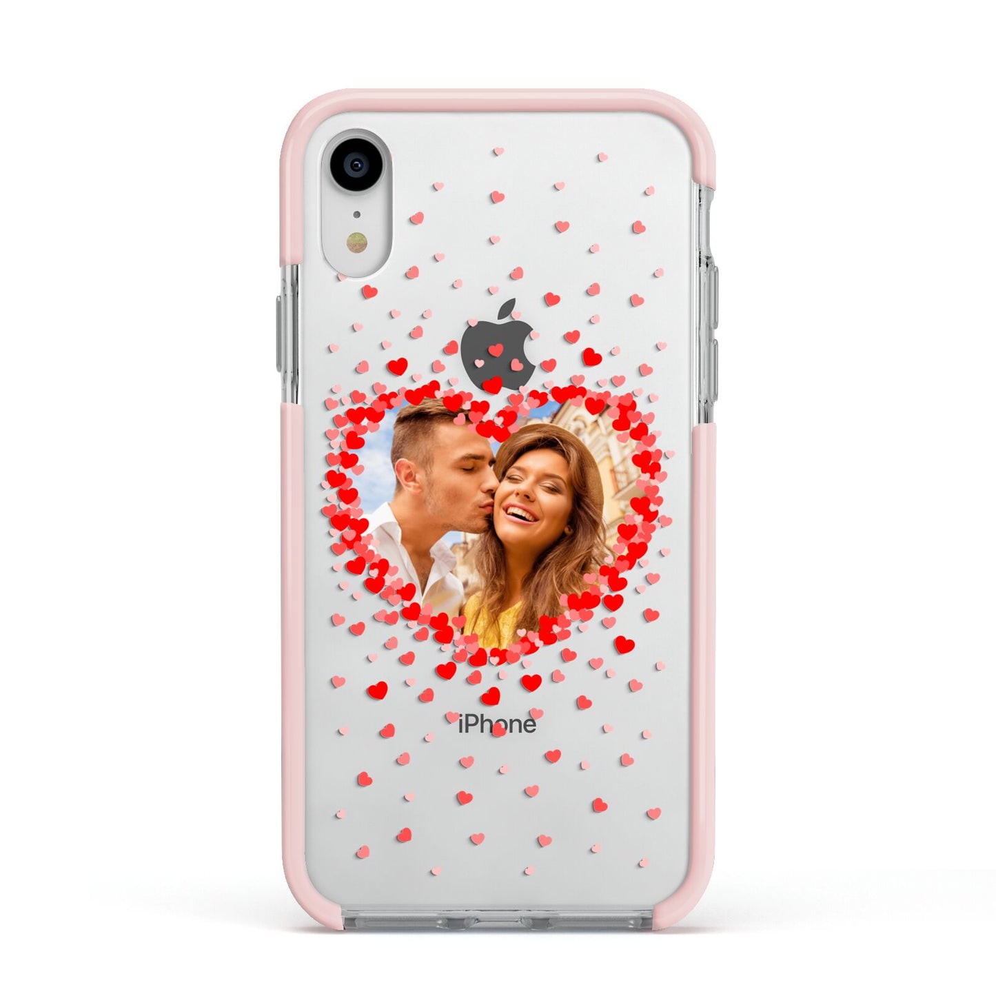 Photo Confetti Heart Apple iPhone XR Impact Case Pink Edge on Silver Phone