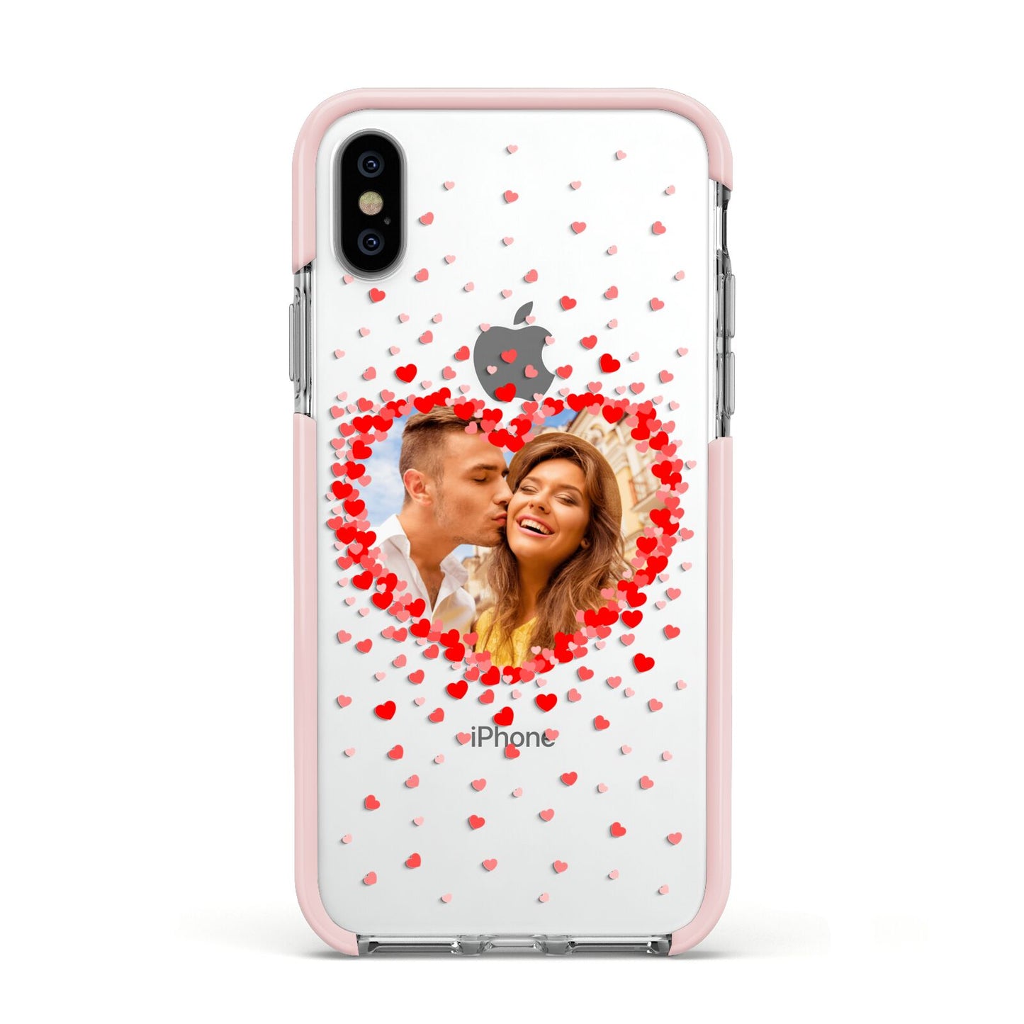 Photo Confetti Heart Apple iPhone Xs Impact Case Pink Edge on Silver Phone