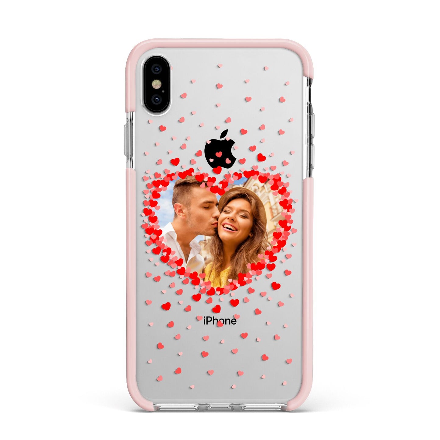 Photo Confetti Heart Apple iPhone Xs Max Impact Case Pink Edge on Silver Phone