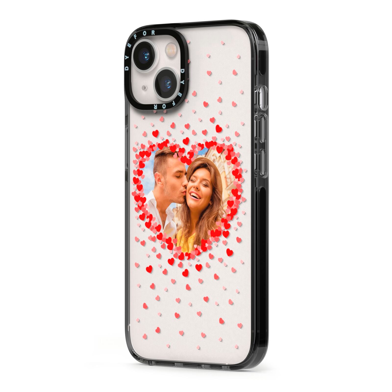 Photo Confetti Heart iPhone 13 Black Impact Case Side Angle on Silver phone