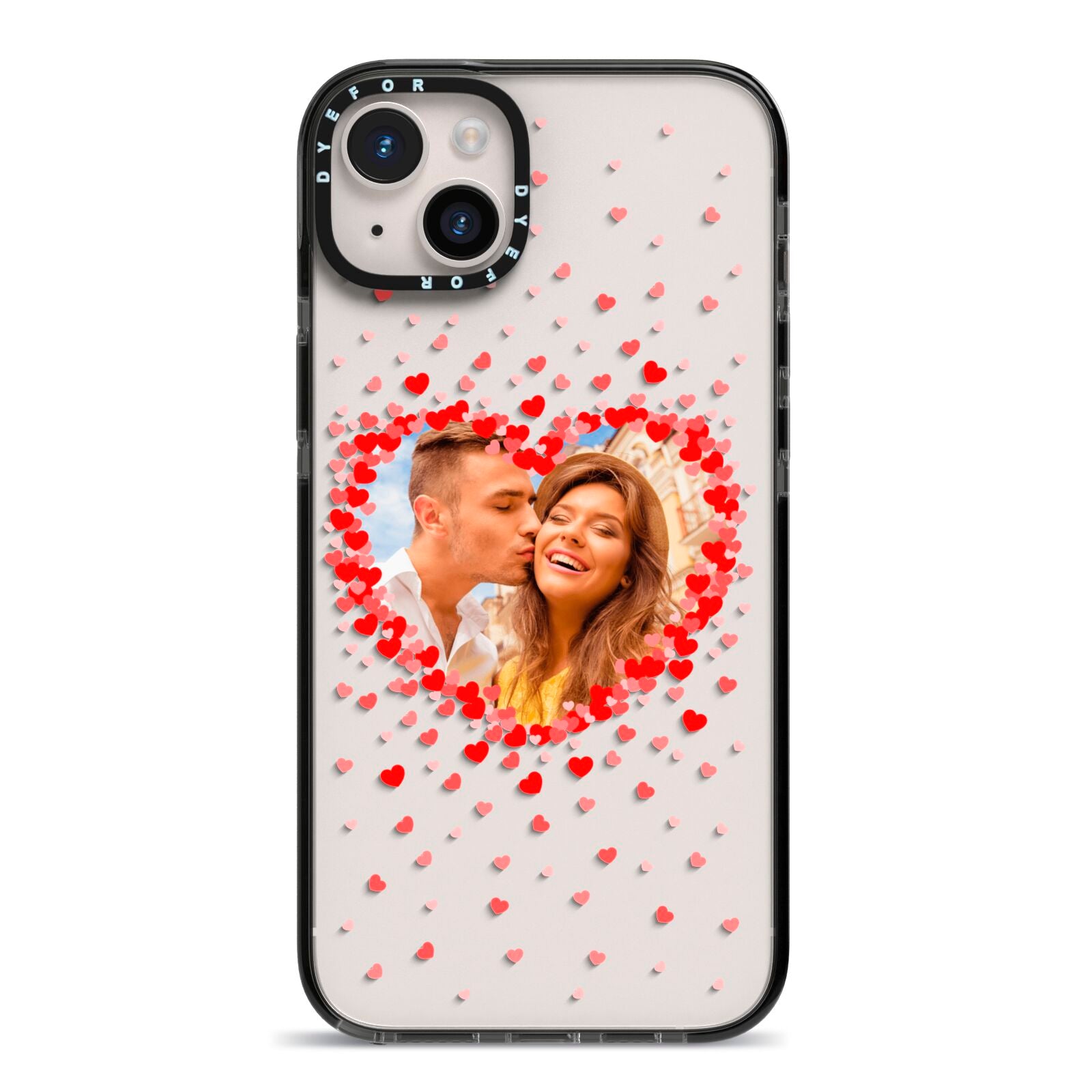 Photo Confetti Heart iPhone 14 Plus Black Impact Case on Silver phone