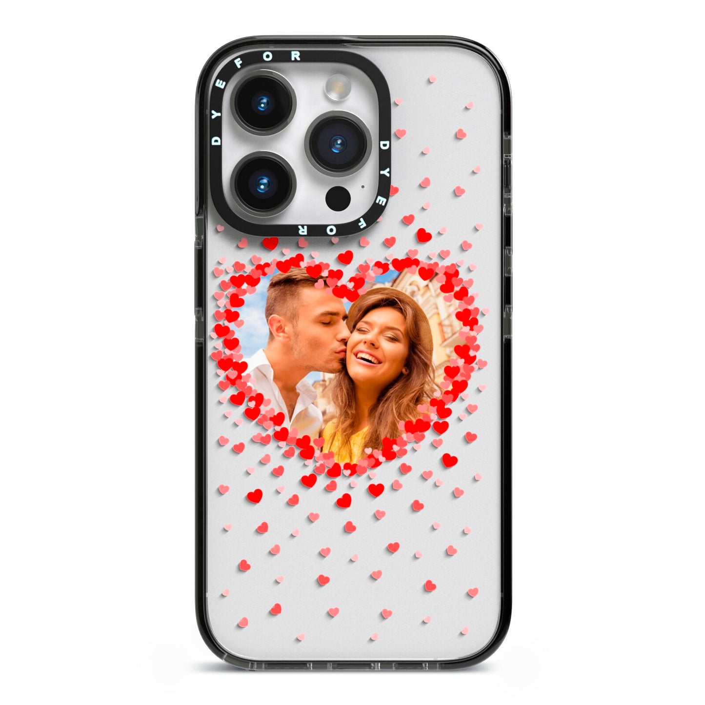 Photo Confetti Heart iPhone 14 Pro Black Impact Case on Silver phone