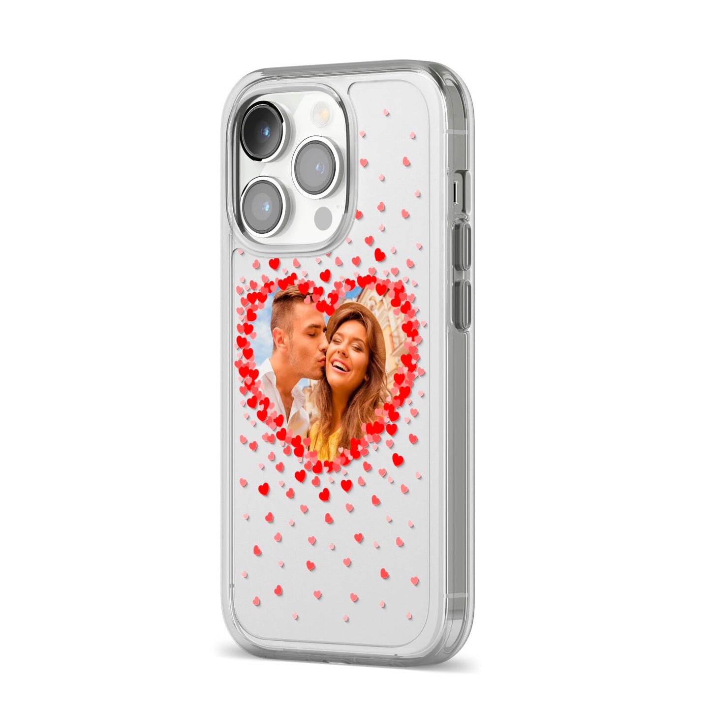Photo Confetti Heart iPhone 14 Pro Clear Tough Case Silver Angled Image