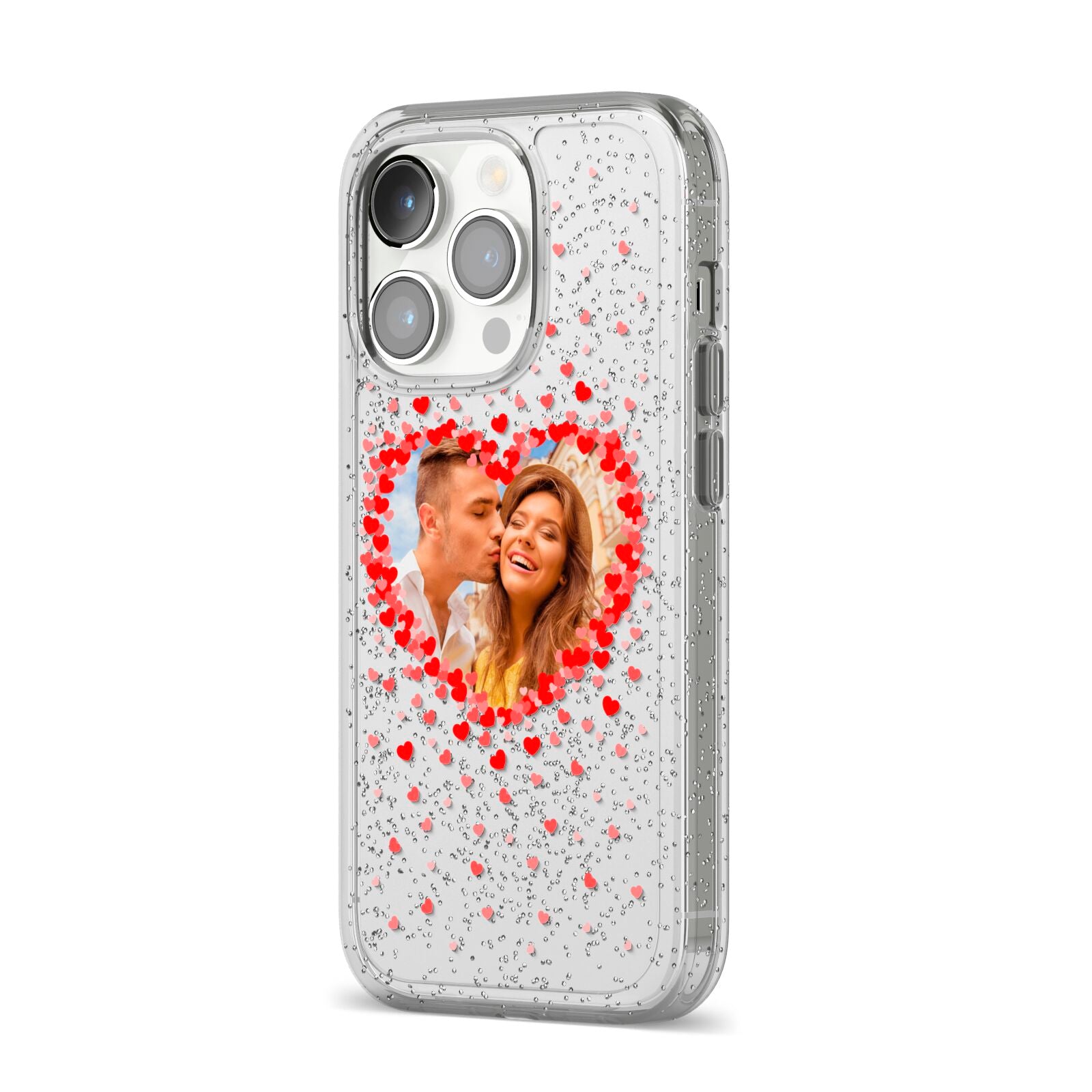 Photo Confetti Heart iPhone 14 Pro Glitter Tough Case Silver Angled Image
