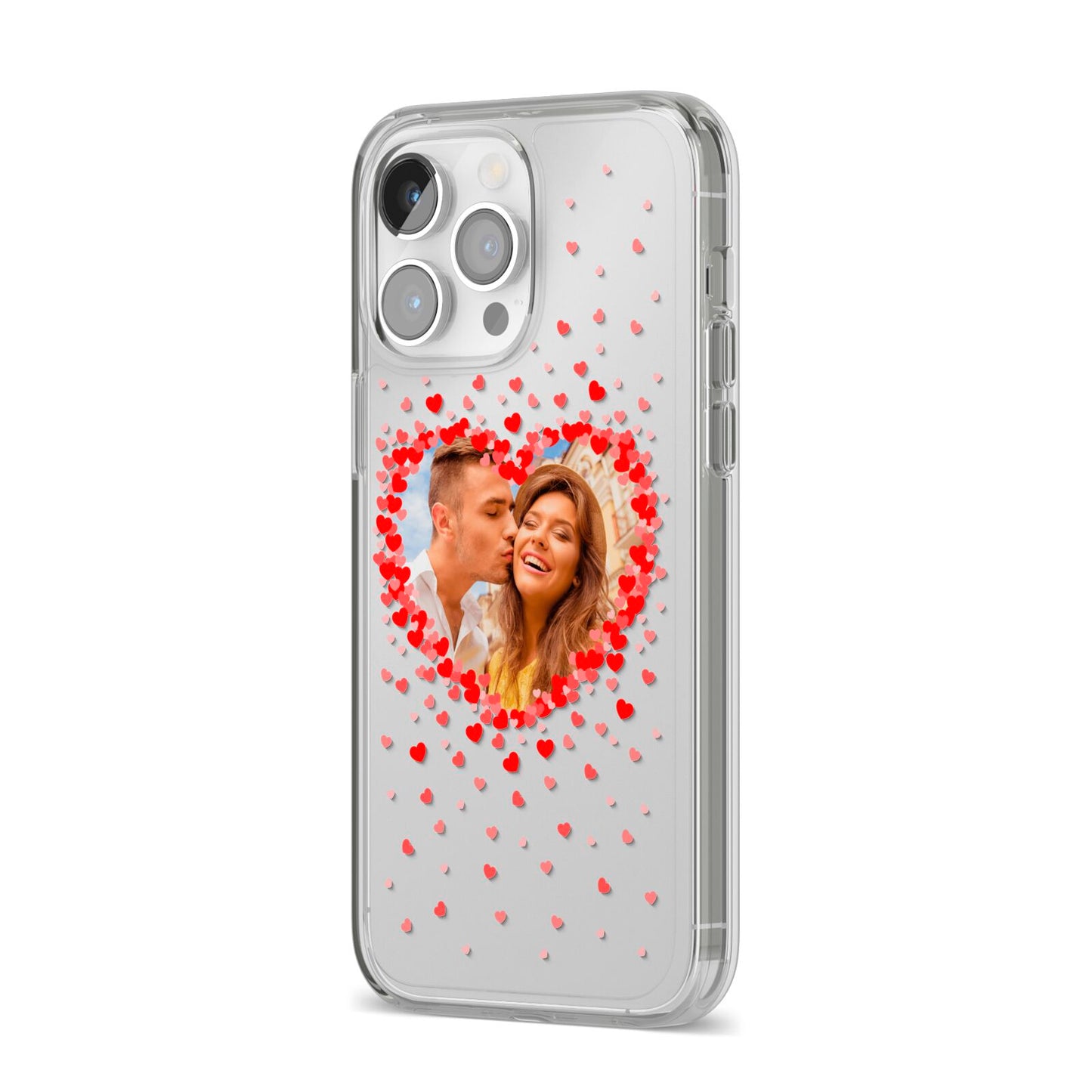 Photo Confetti Heart iPhone 14 Pro Max Clear Tough Case Silver Angled Image