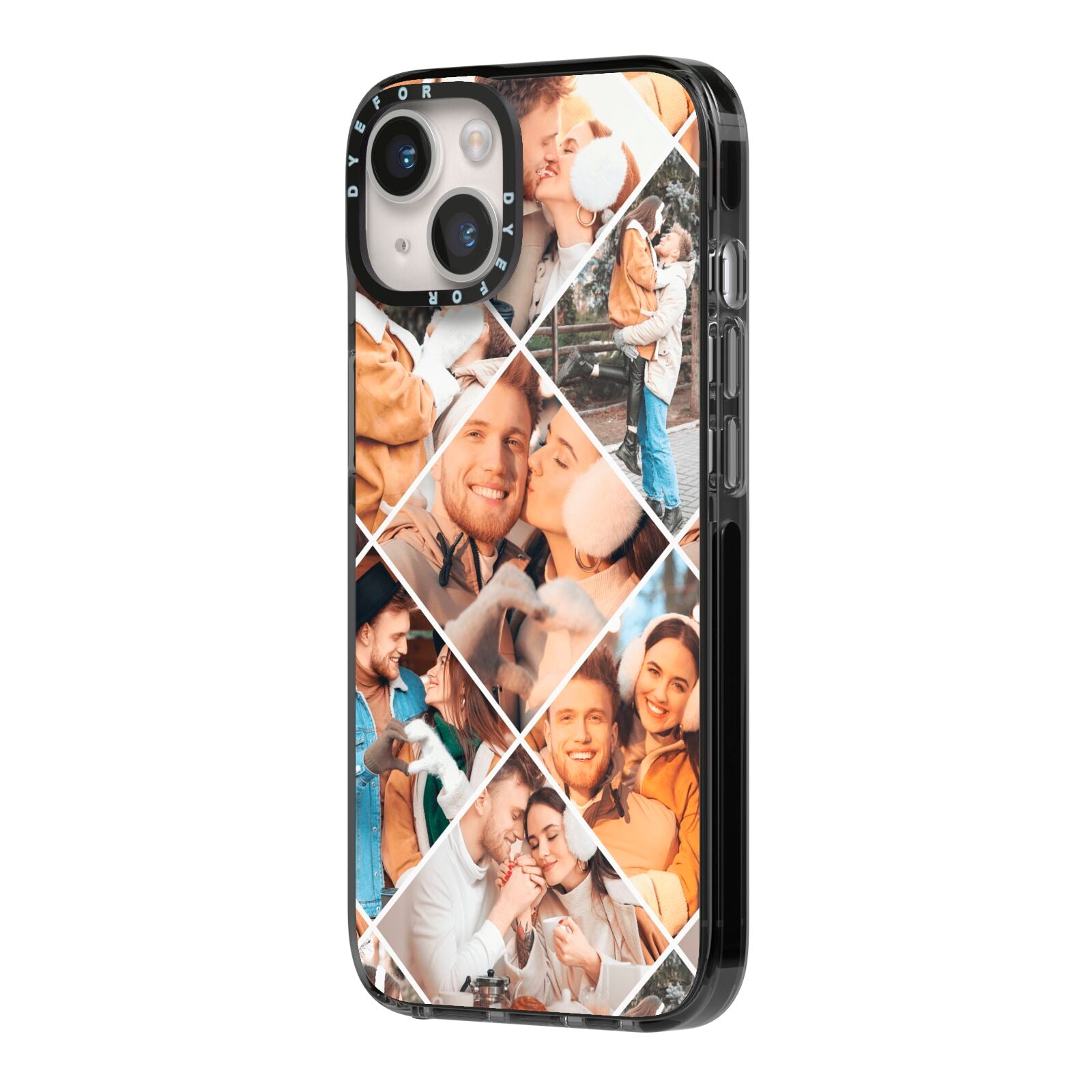 Photo Diamond iPhone 14 Black Impact Case Side Angle on Silver phone
