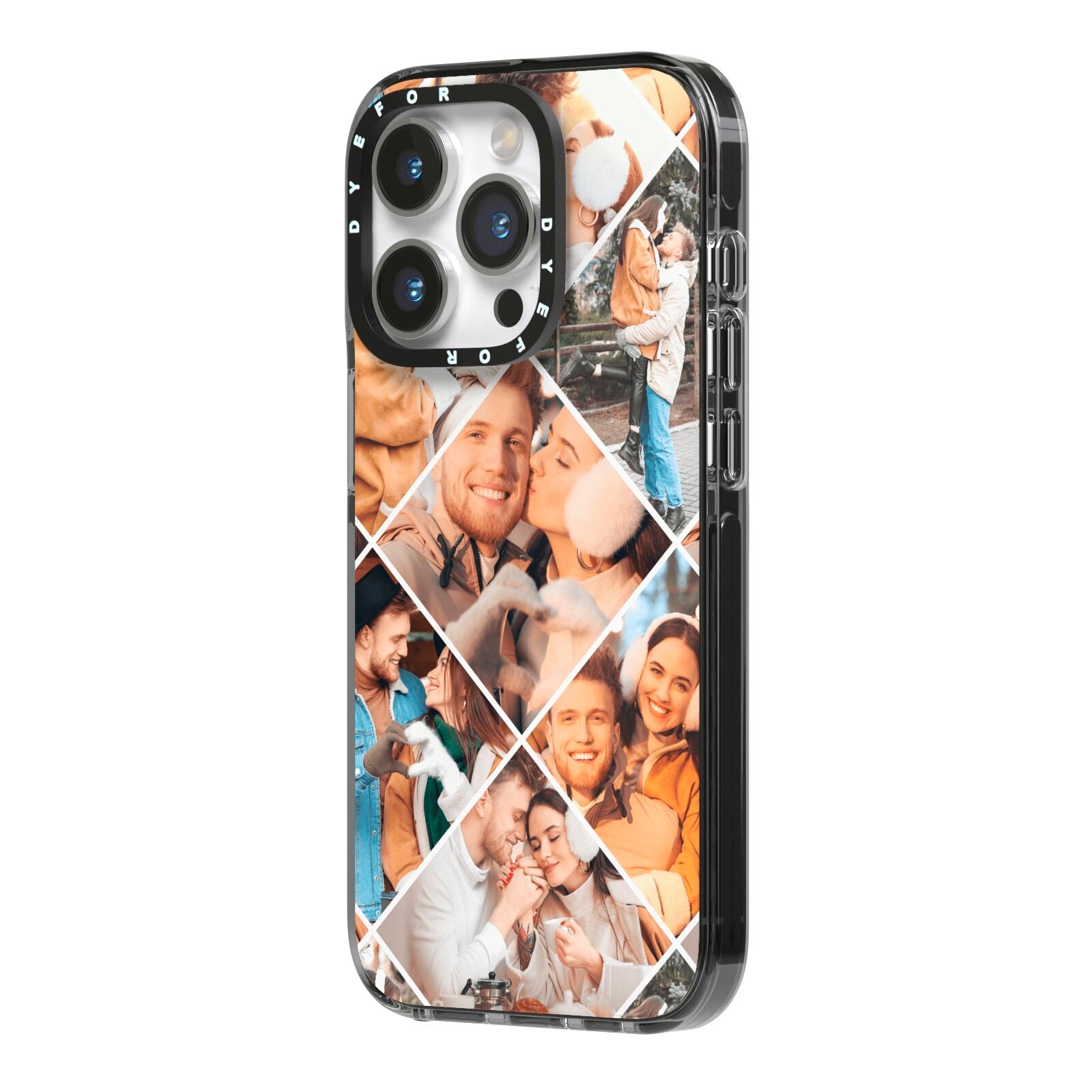 Photo Diamond iPhone 14 Pro Black Impact Case Side Angle on Silver phone