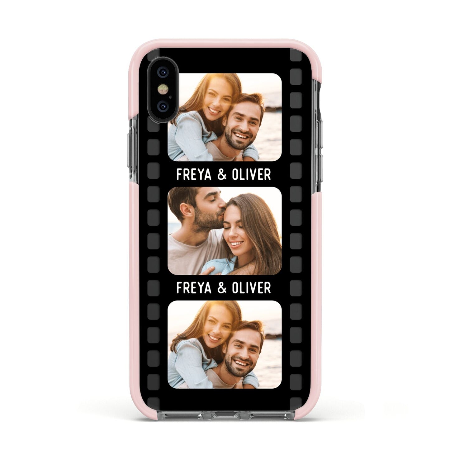 Photo Film Personalised Apple iPhone Xs Impact Case Pink Edge on Black Phone