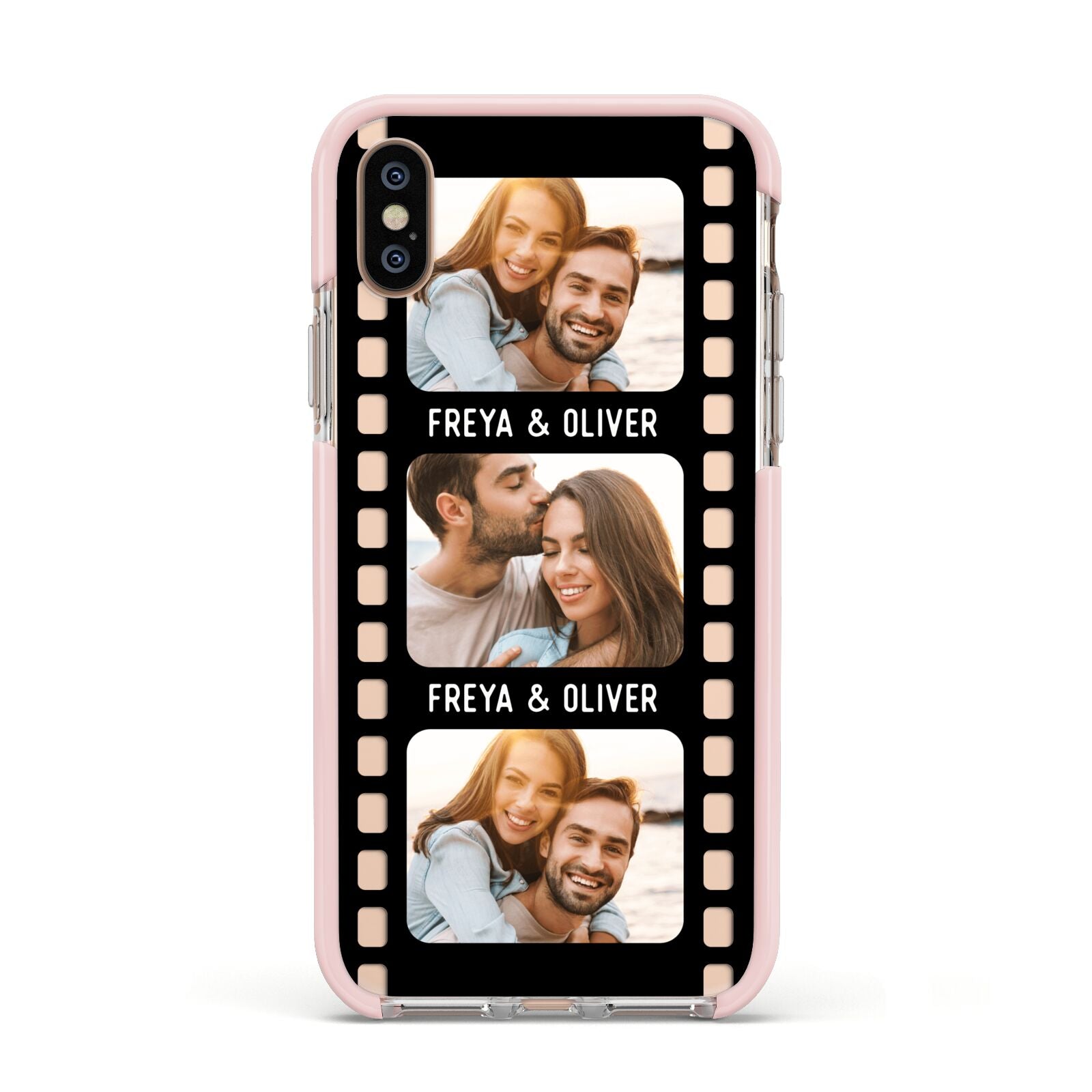 Photo Film Personalised Apple iPhone Xs Impact Case Pink Edge on Gold Phone