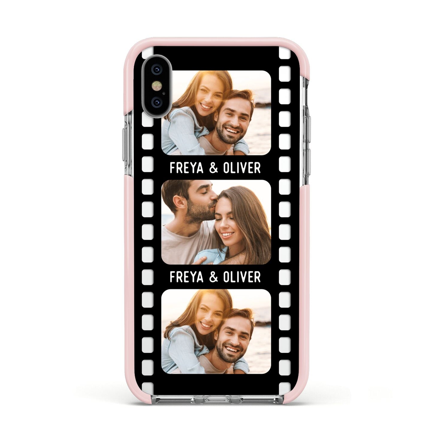 Photo Film Personalised Apple iPhone Xs Impact Case Pink Edge on Silver Phone
