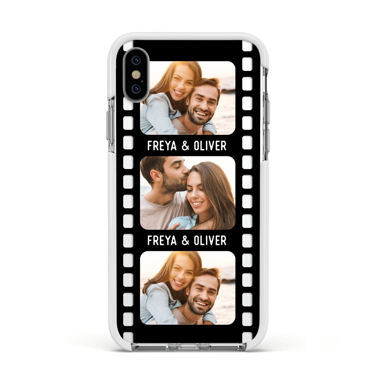 Photo Film Personalised Apple iPhone Xs Impact Case White Edge on Silver Phone
