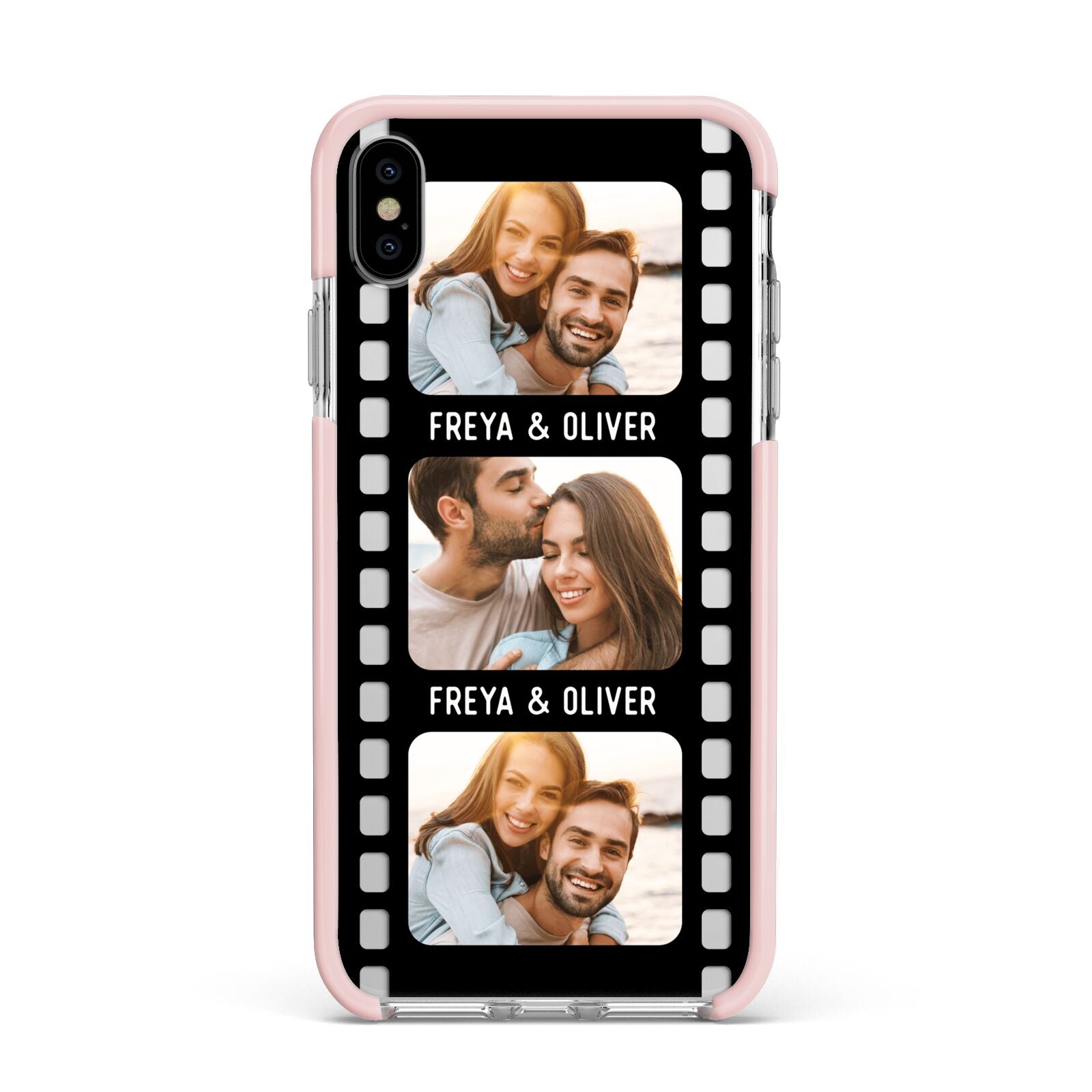Photo Film Personalised Apple iPhone Xs Max Impact Case Pink Edge on Silver Phone