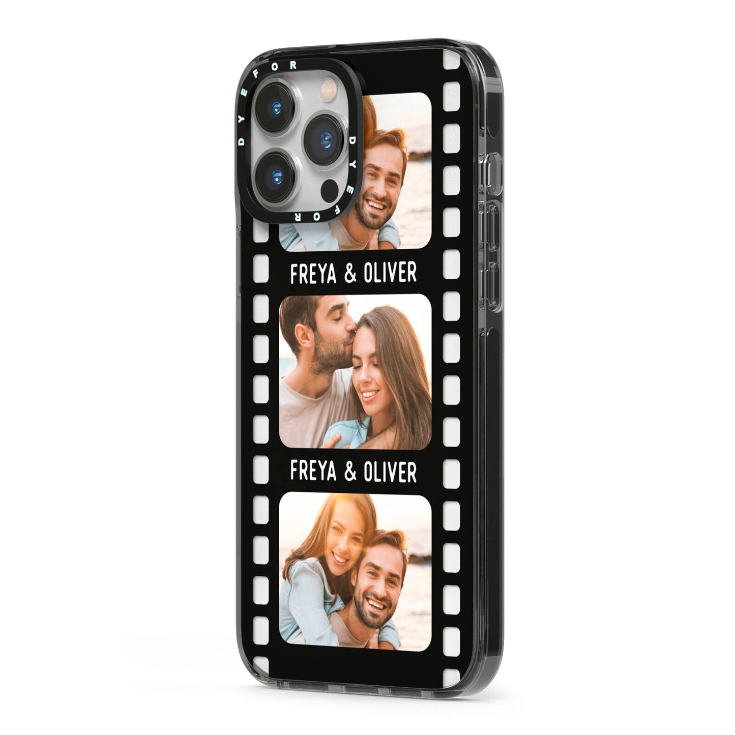Photo Film Personalised iPhone 13 Pro Max Black Impact Case Side Angle on Silver phone