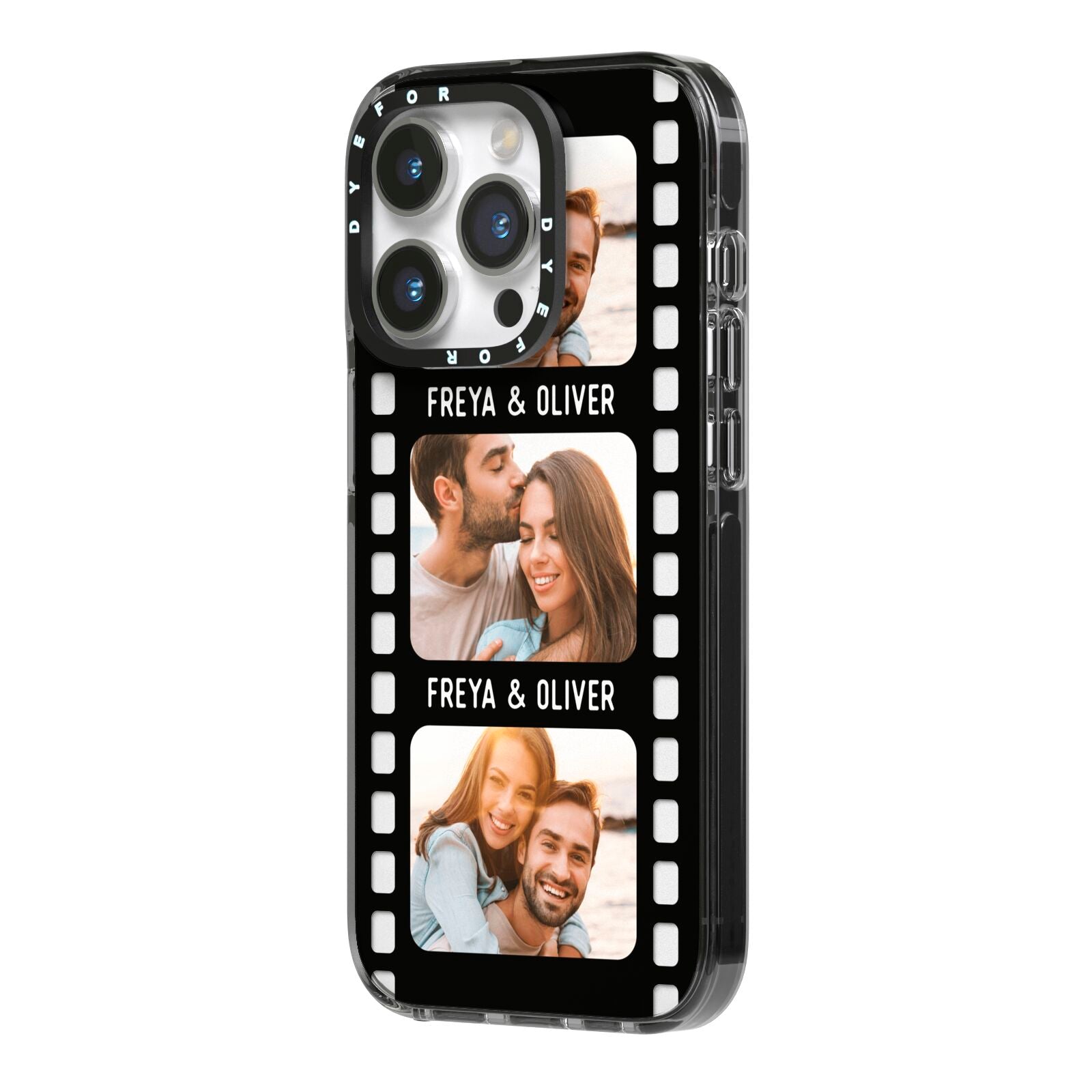 Photo Film Personalised iPhone 14 Pro Black Impact Case Side Angle on Silver phone