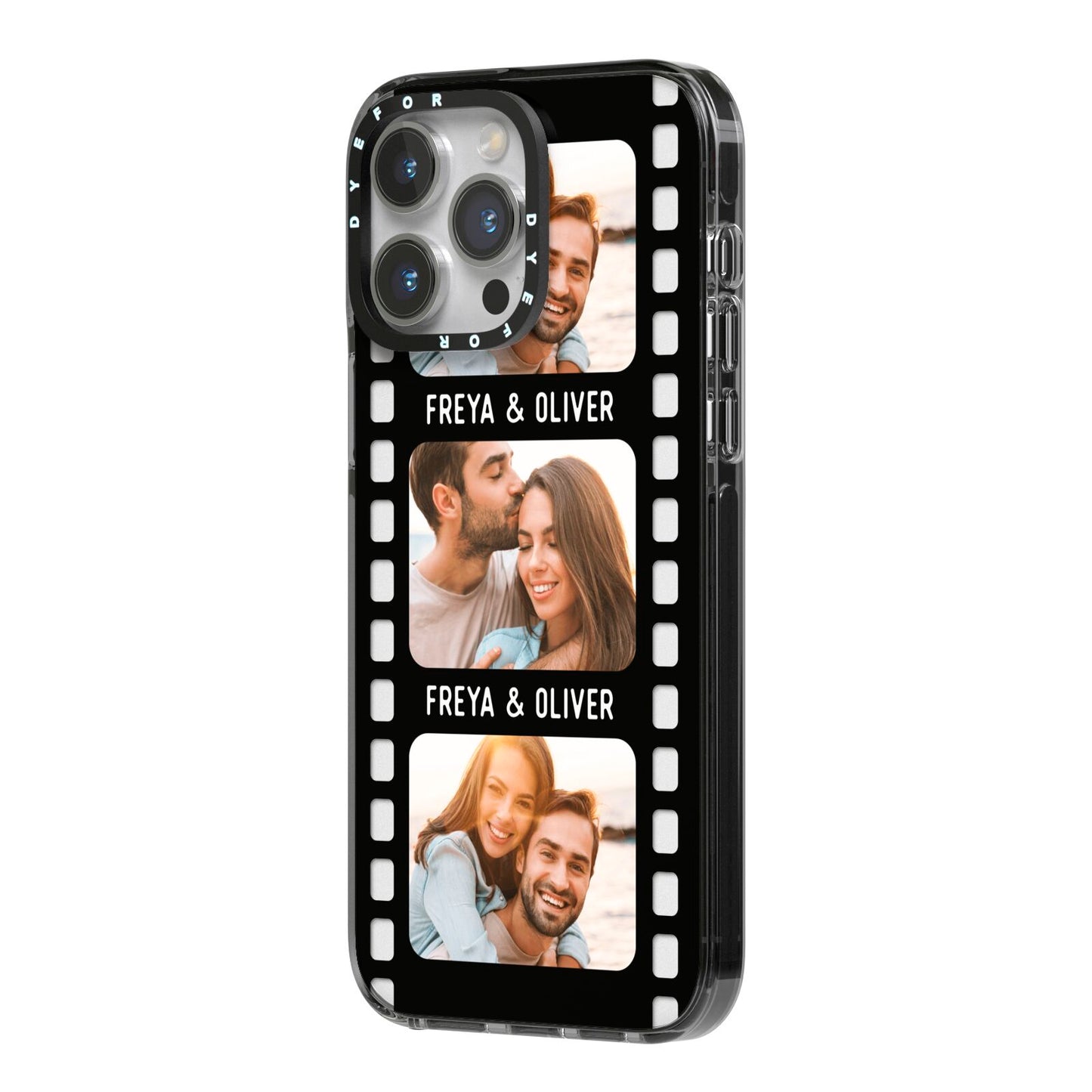 Photo Film Personalised iPhone 14 Pro Max Black Impact Case Side Angle on Silver phone