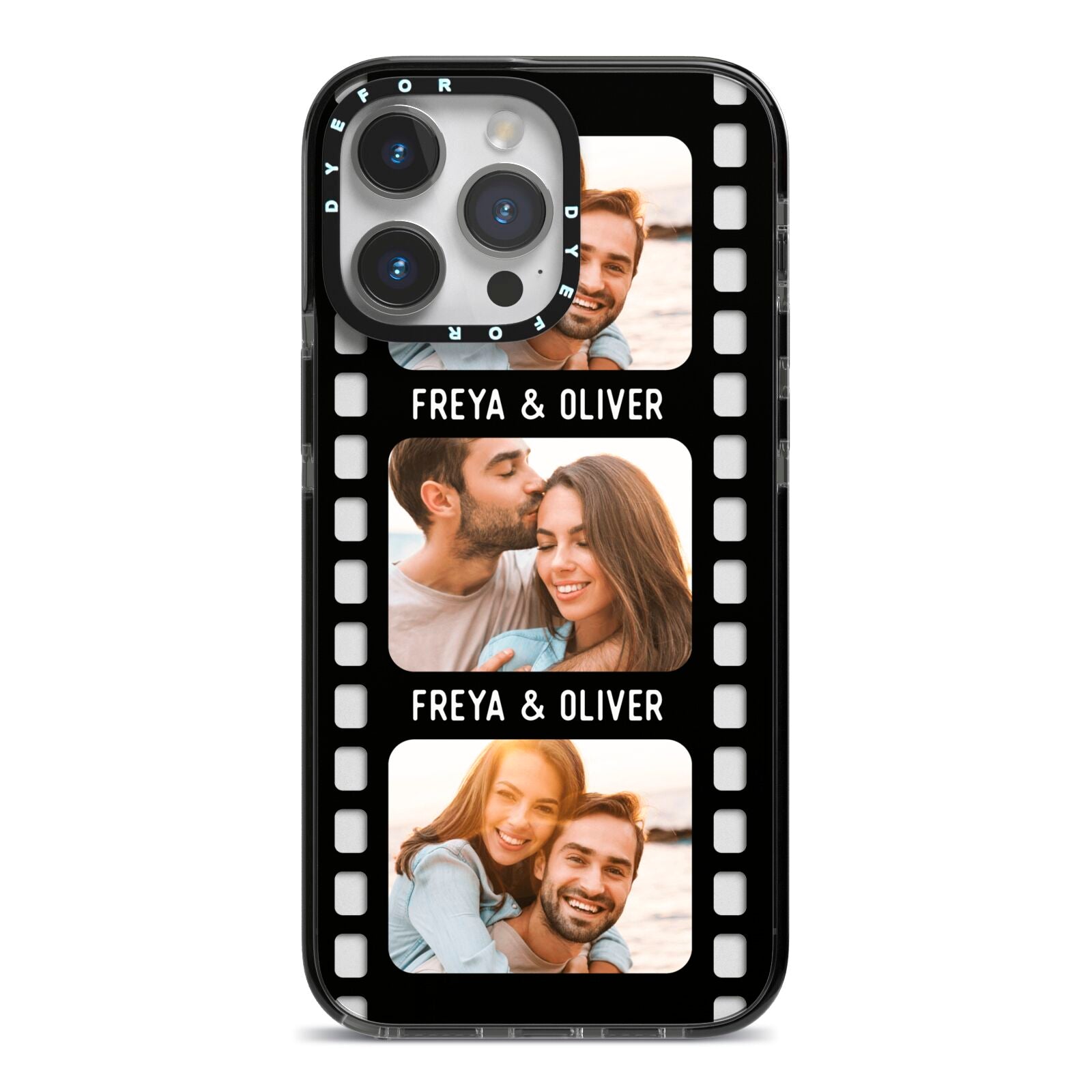 Photo Film Personalised iPhone 14 Pro Max Black Impact Case on Silver phone