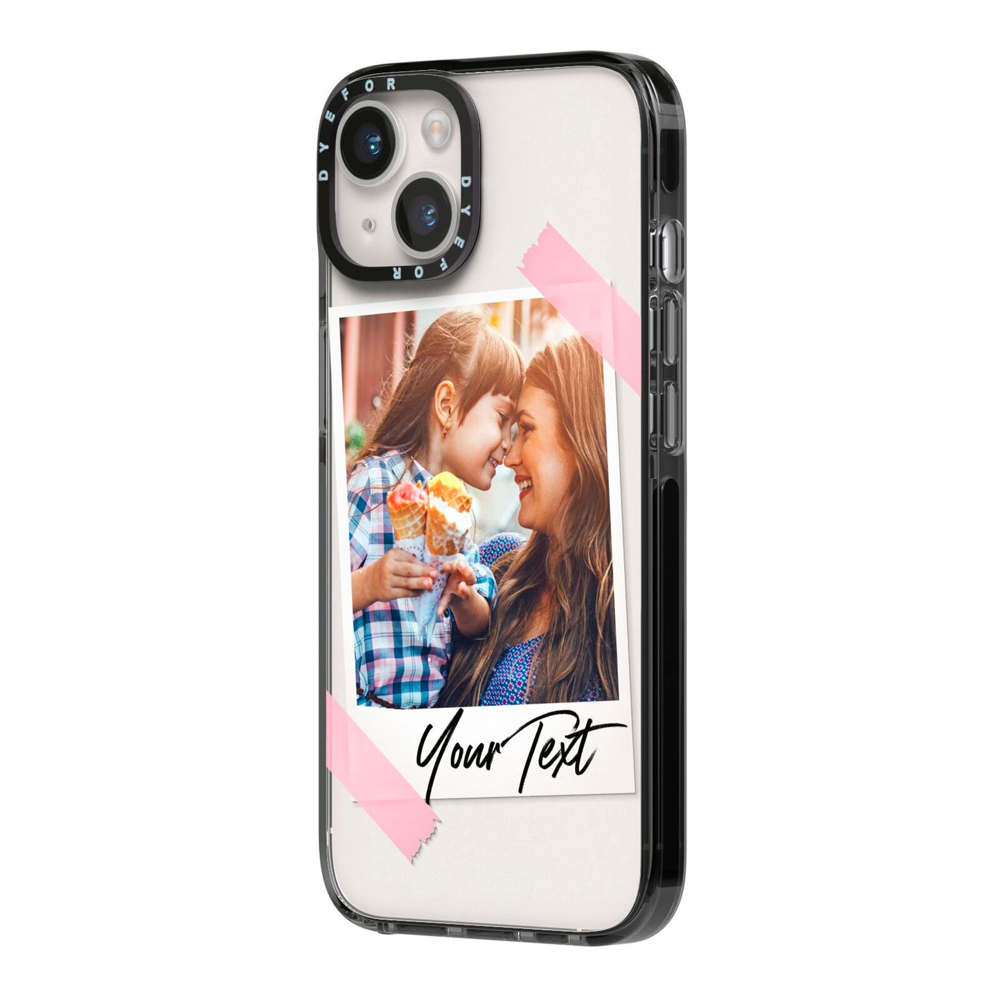 Photo Frame iPhone 14 Black Impact Case Side Angle on Silver phone