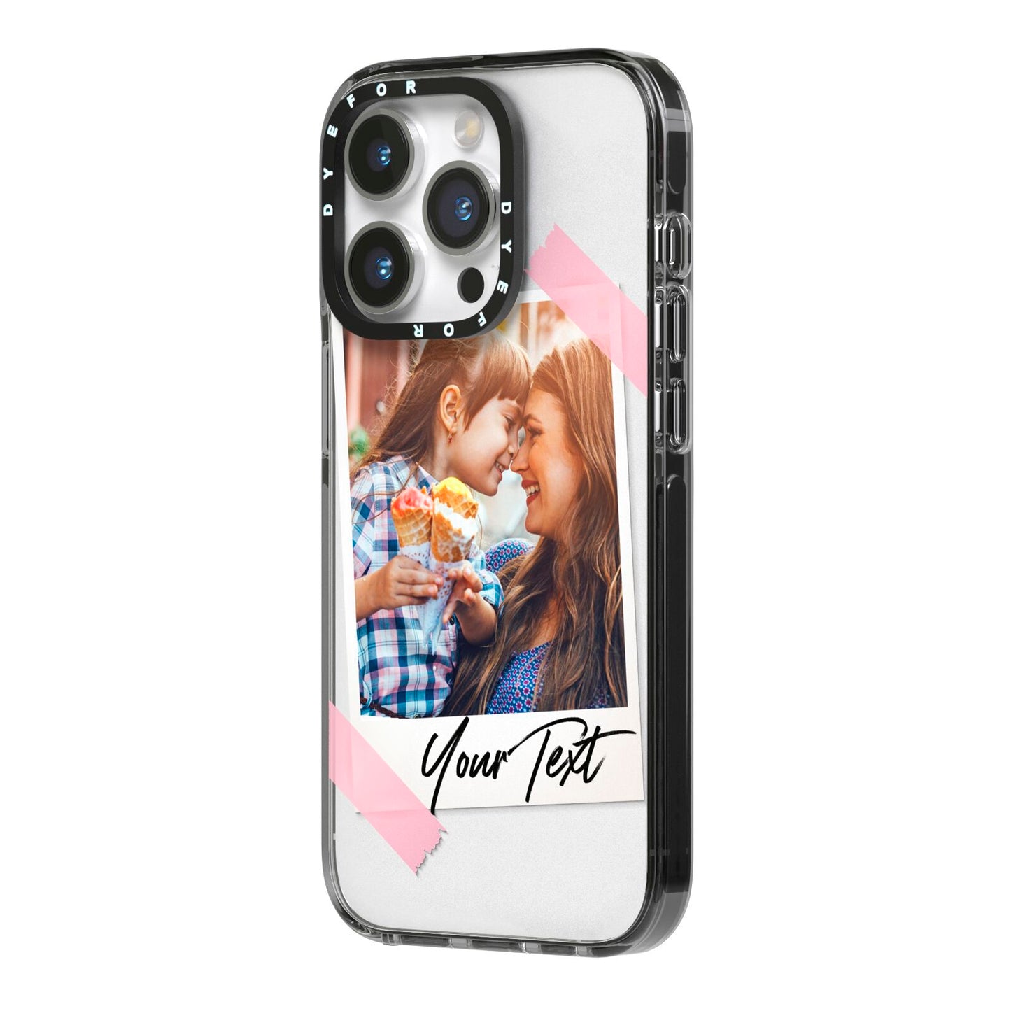 Photo Frame iPhone 14 Pro Black Impact Case Side Angle on Silver phone