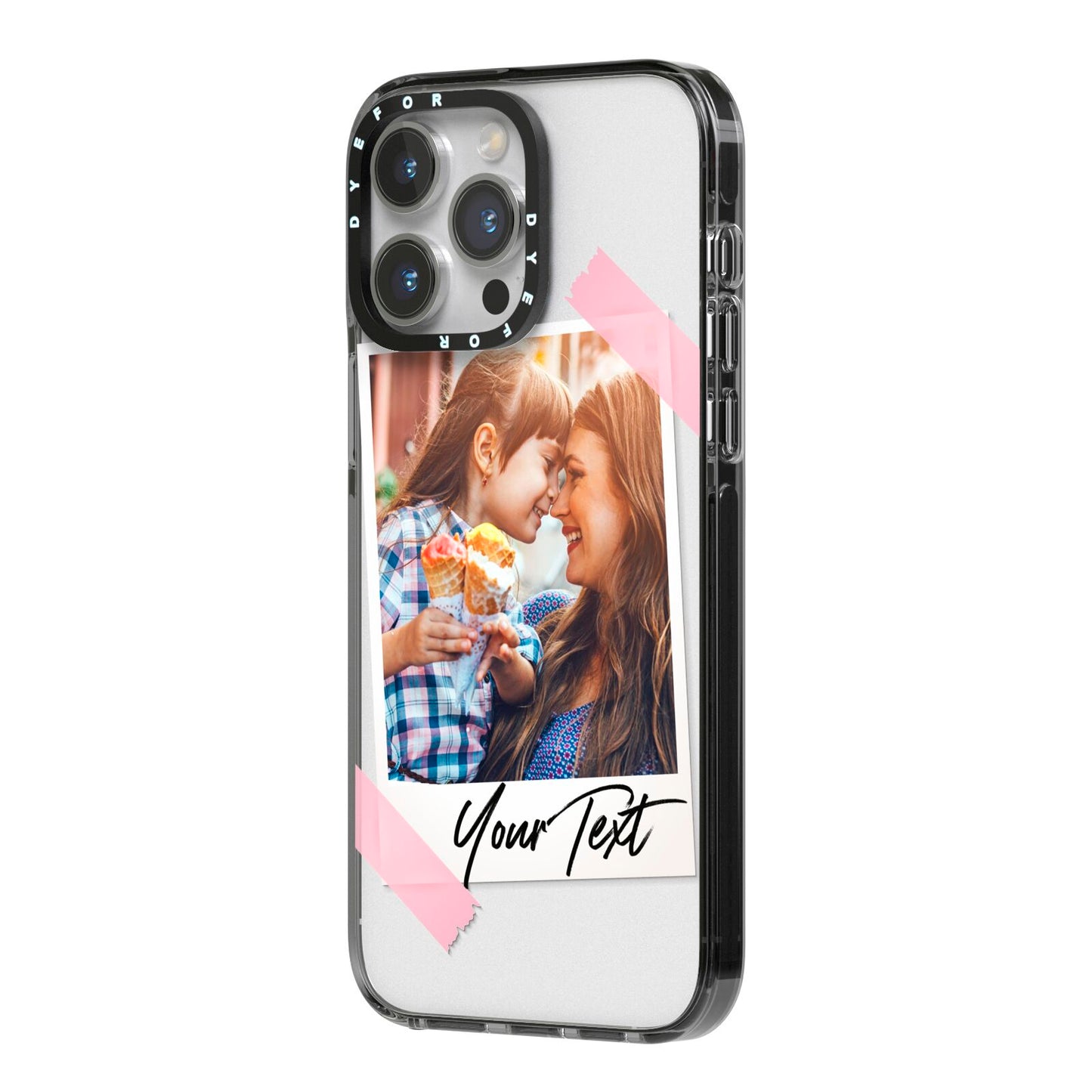 Photo Frame iPhone 14 Pro Max Black Impact Case Side Angle on Silver phone