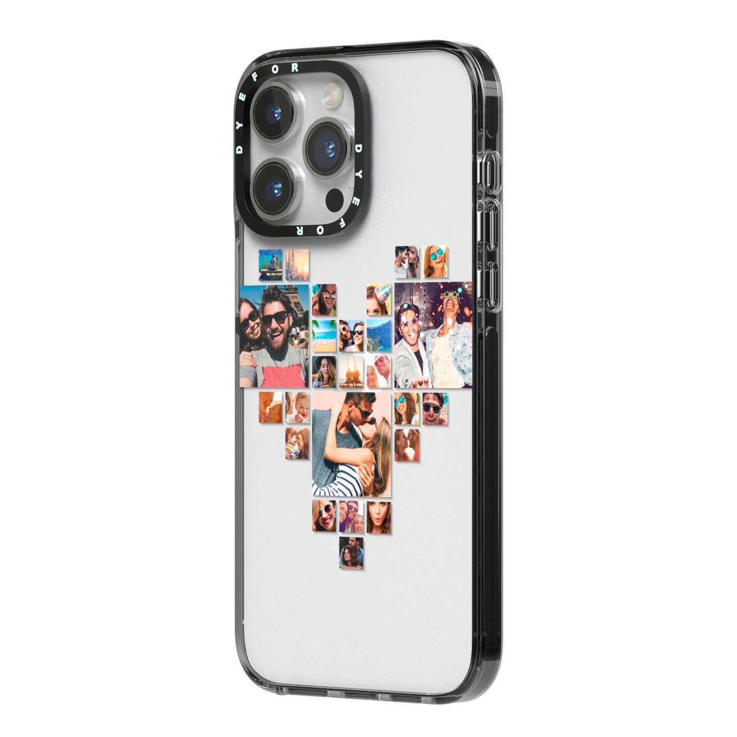 Photo Heart Collage iPhone 14 Pro Max Black Impact Case Side Angle on Silver phone