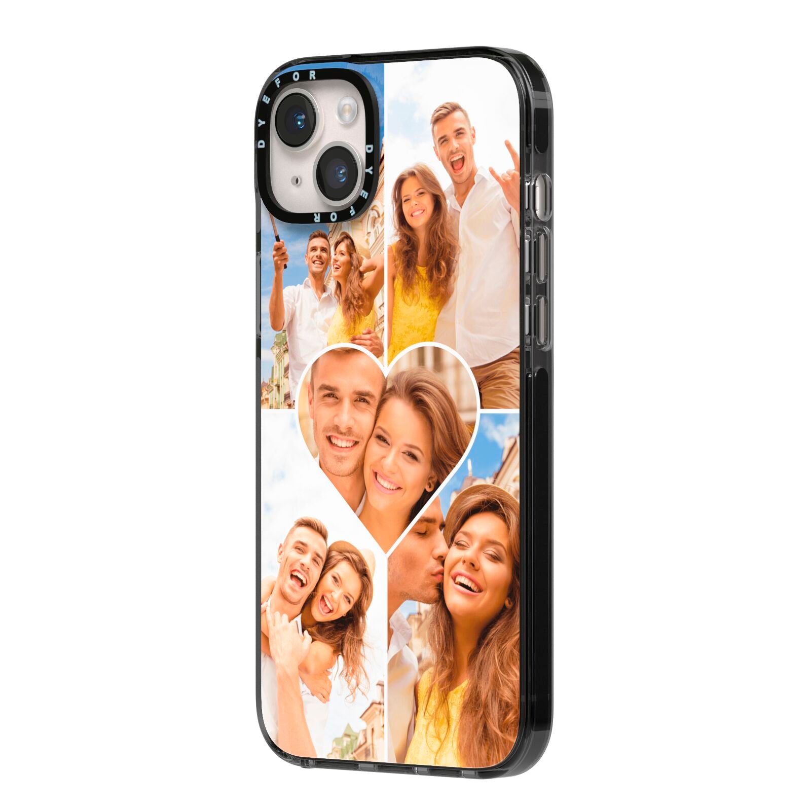 Photo Heart iPhone 14 Plus Black Impact Case Side Angle on Silver phone