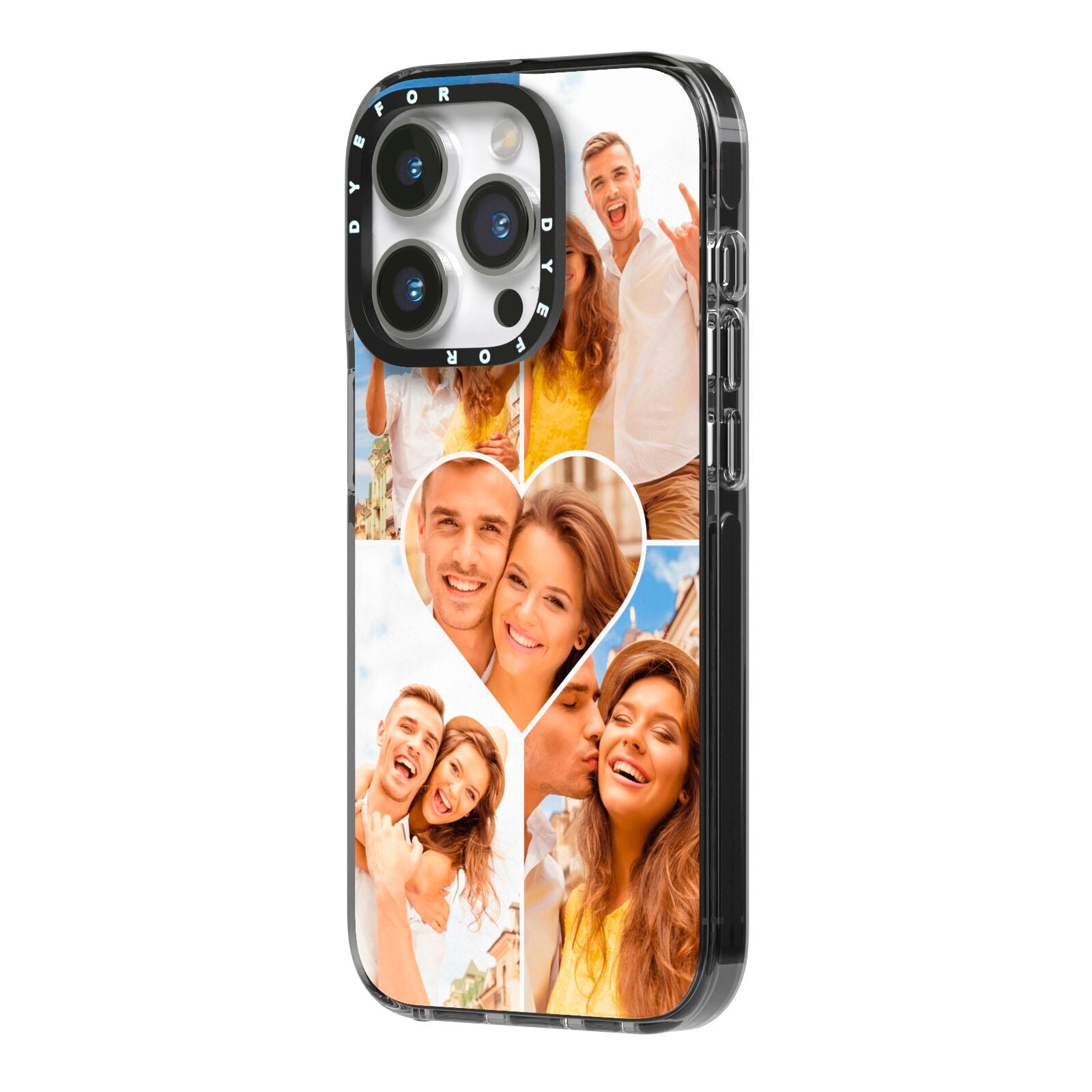 Photo Heart iPhone 14 Pro Black Impact Case Side Angle on Silver phone