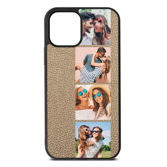 Photo Strip Montage Upload Gold Pebble Leather iPhone 12 Case