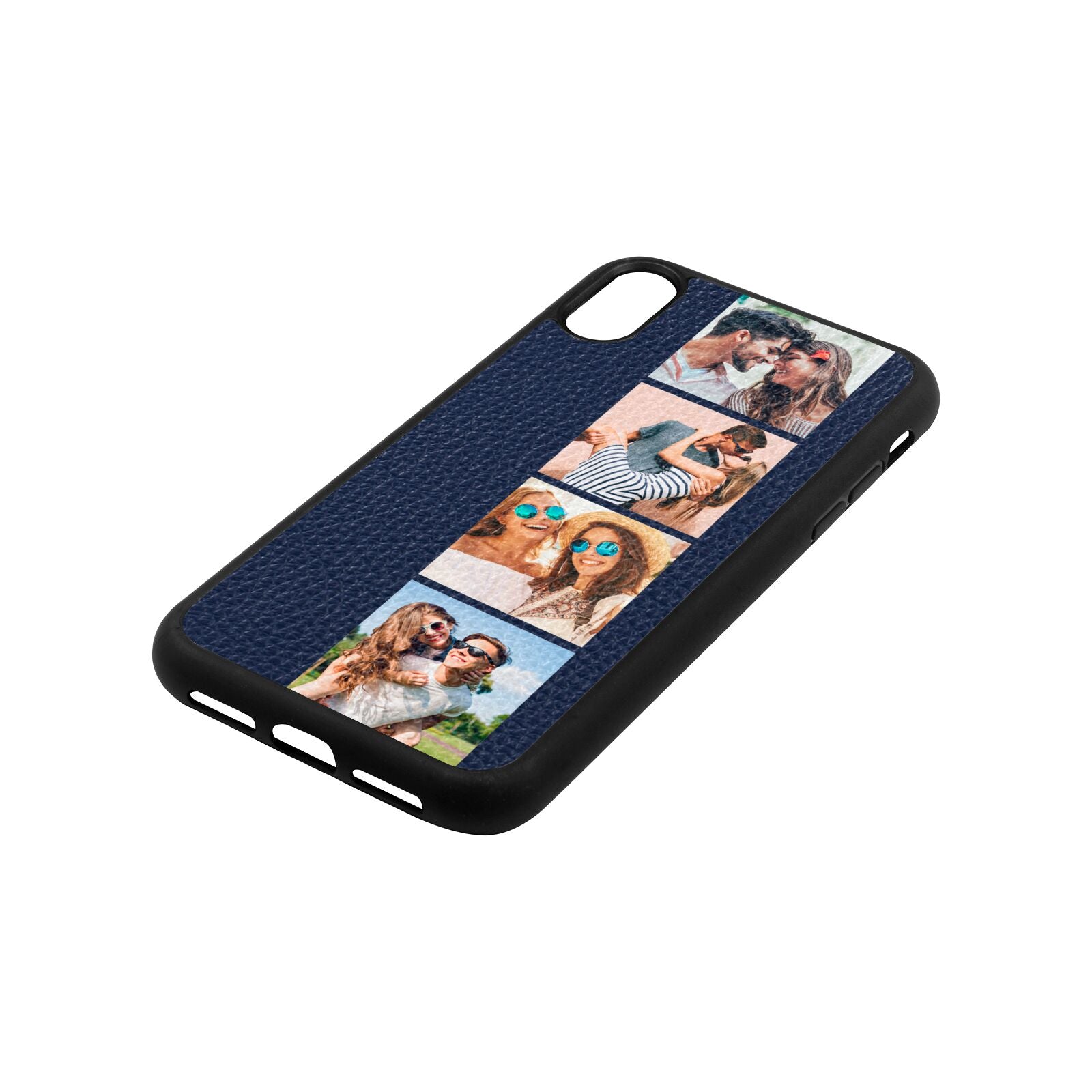 Photo Strip Montage Upload Navy Blue Pebble Leather iPhone Xr Case Side Angle