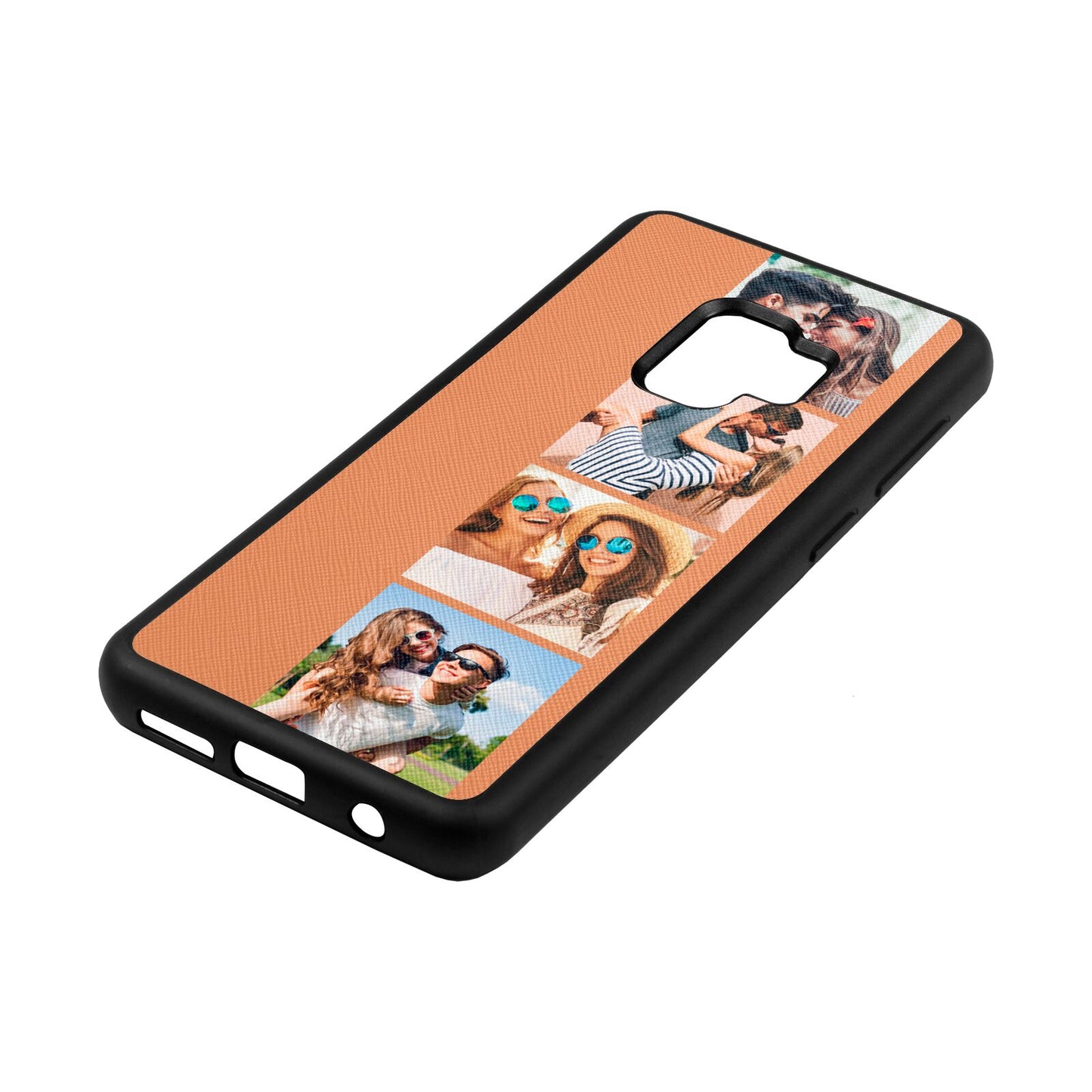 Photo Strip Montage Upload Orange Saffiano Leather Samsung S9 Case Side Angle