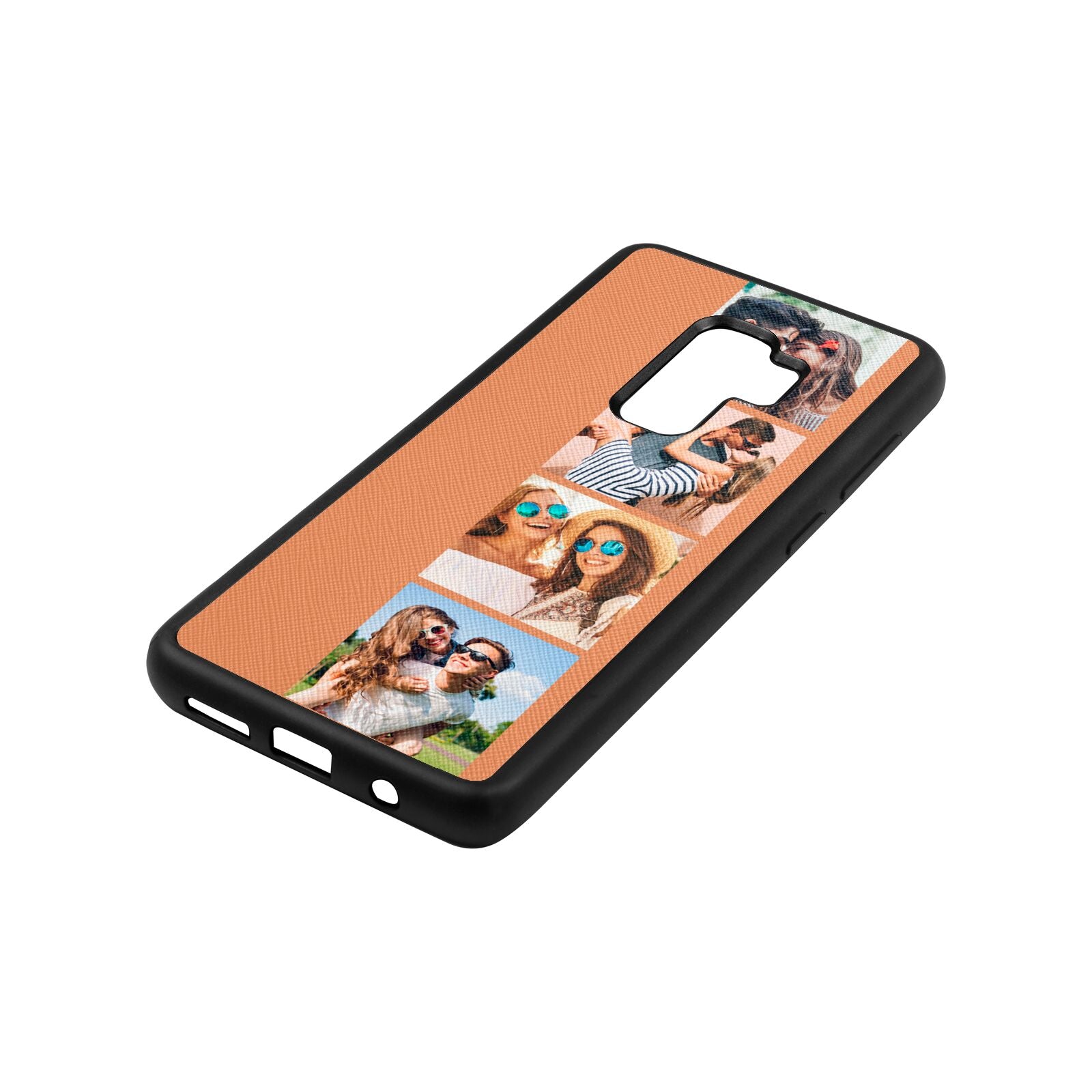 Photo Strip Montage Upload Orange Saffiano Leather Samsung S9 Plus Case Side Angle
