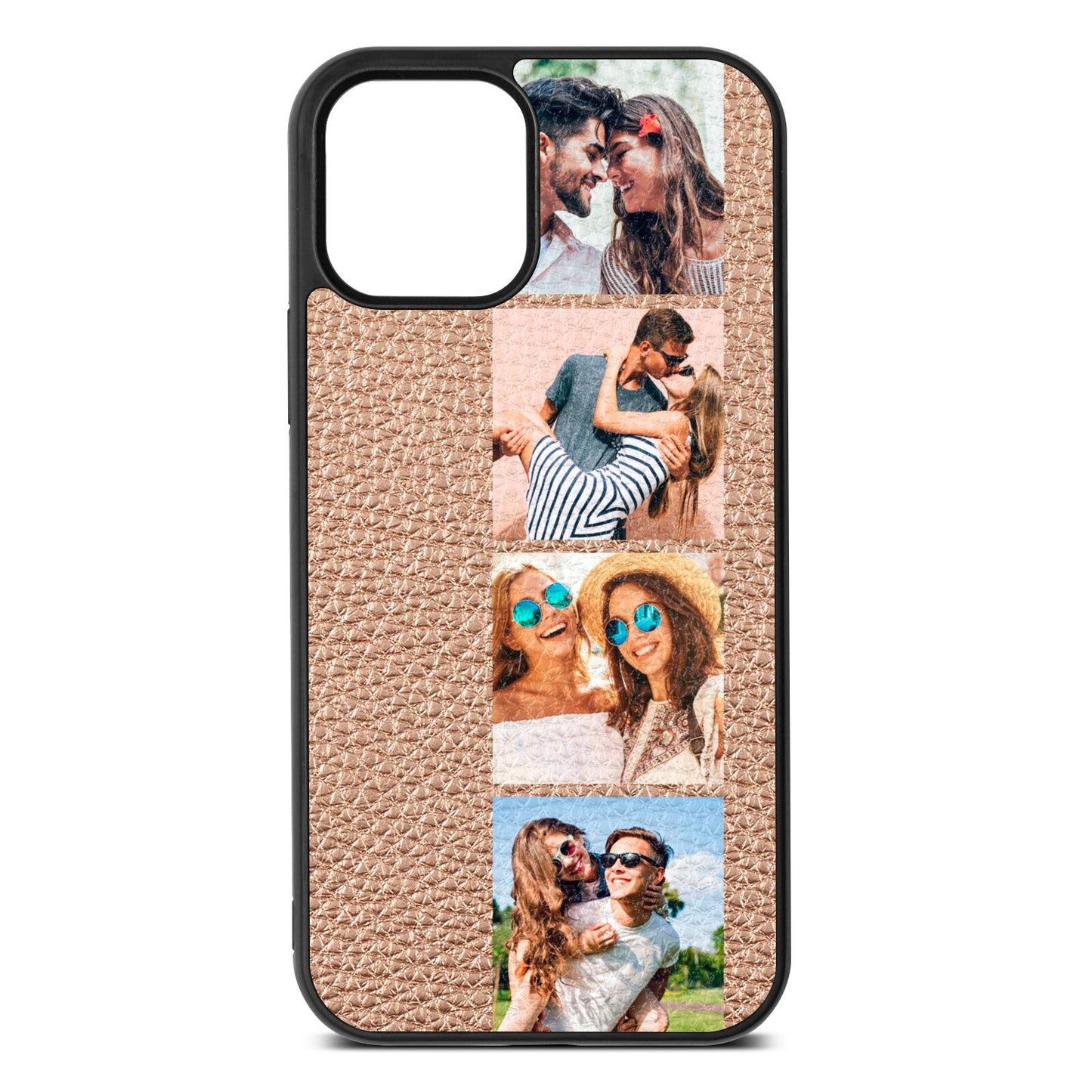 Photo Strip Montage Upload Rose Gold Pebble Leather iPhone 12 Case
