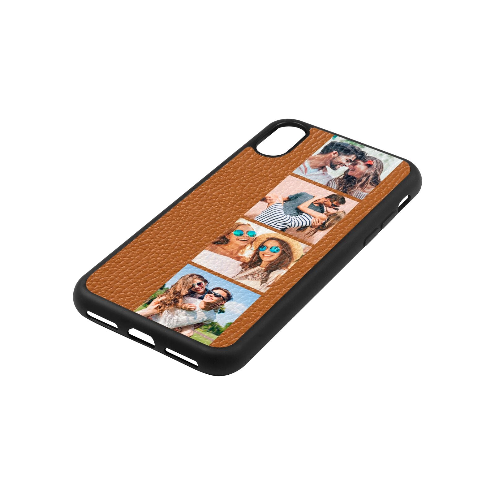 Photo Strip Montage Upload Tan Pebble Leather iPhone Xs Case Side Angle