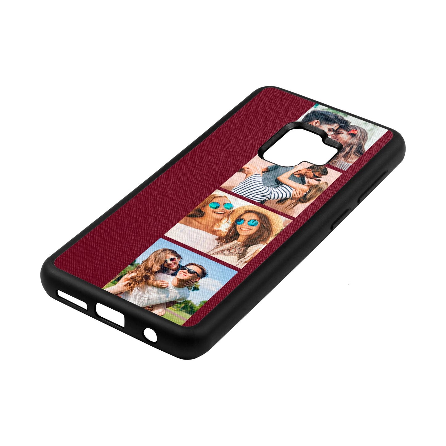 Photo Strip Montage Upload Wine Red Saffiano Leather Samsung S9 Case Side Angle