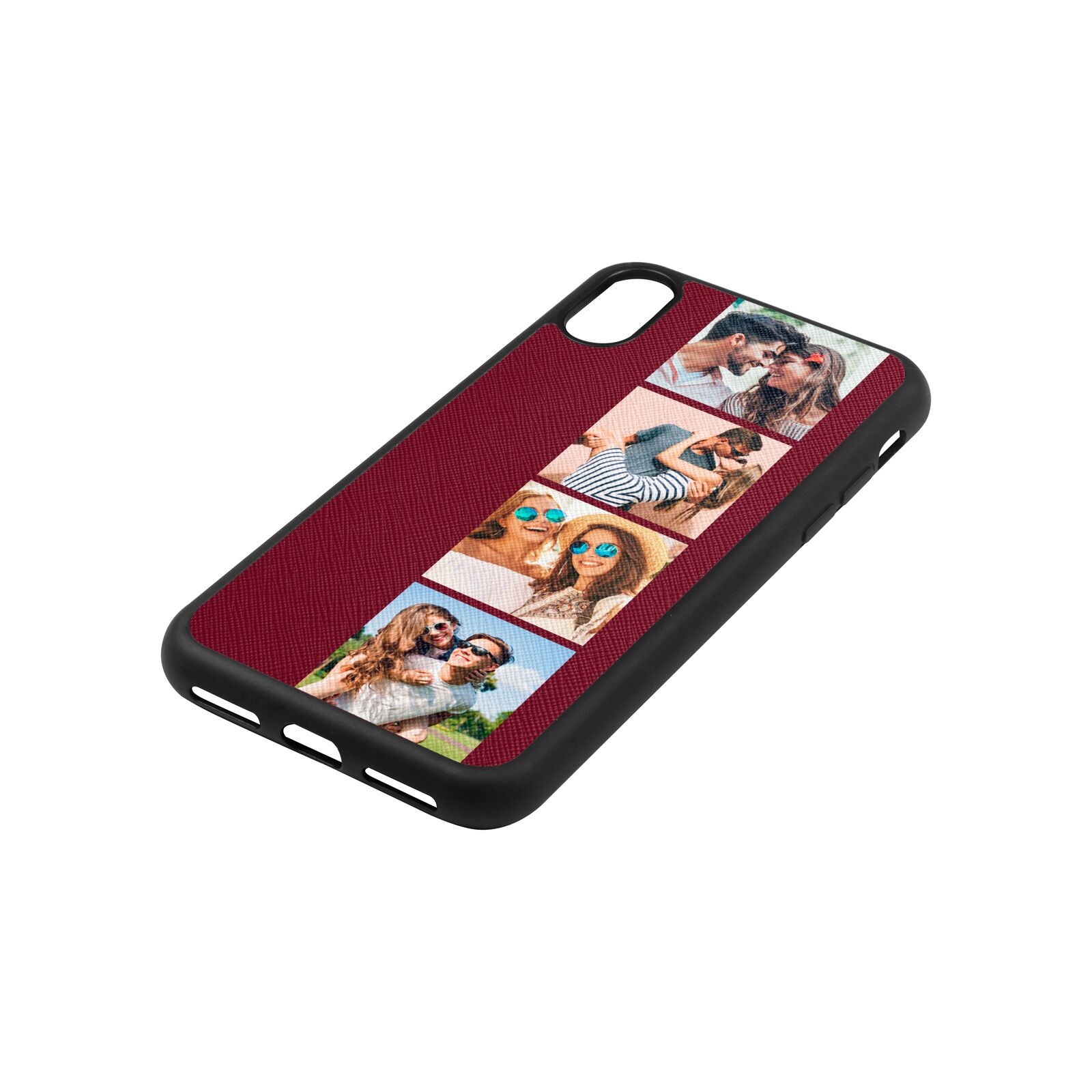 Photo Strip Montage Upload Wine Red Saffiano Leather iPhone Xs Case Side Angle