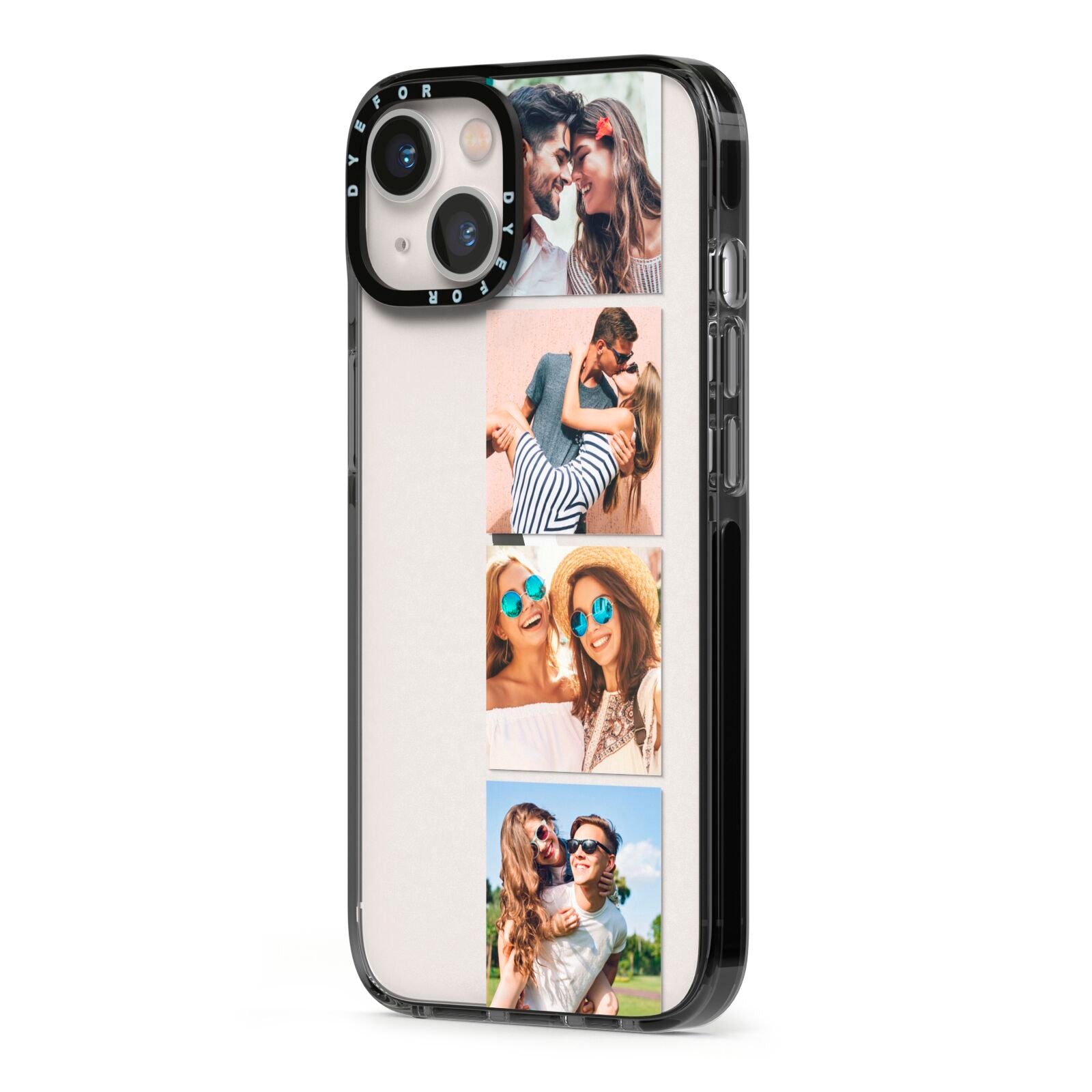 Photo Strip Montage Upload iPhone 13 Black Impact Case Side Angle on Silver phone