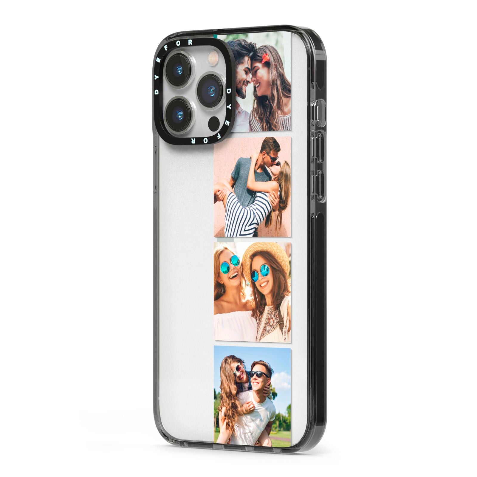 Photo Strip Montage Upload iPhone 13 Pro Max Black Impact Case Side Angle on Silver phone