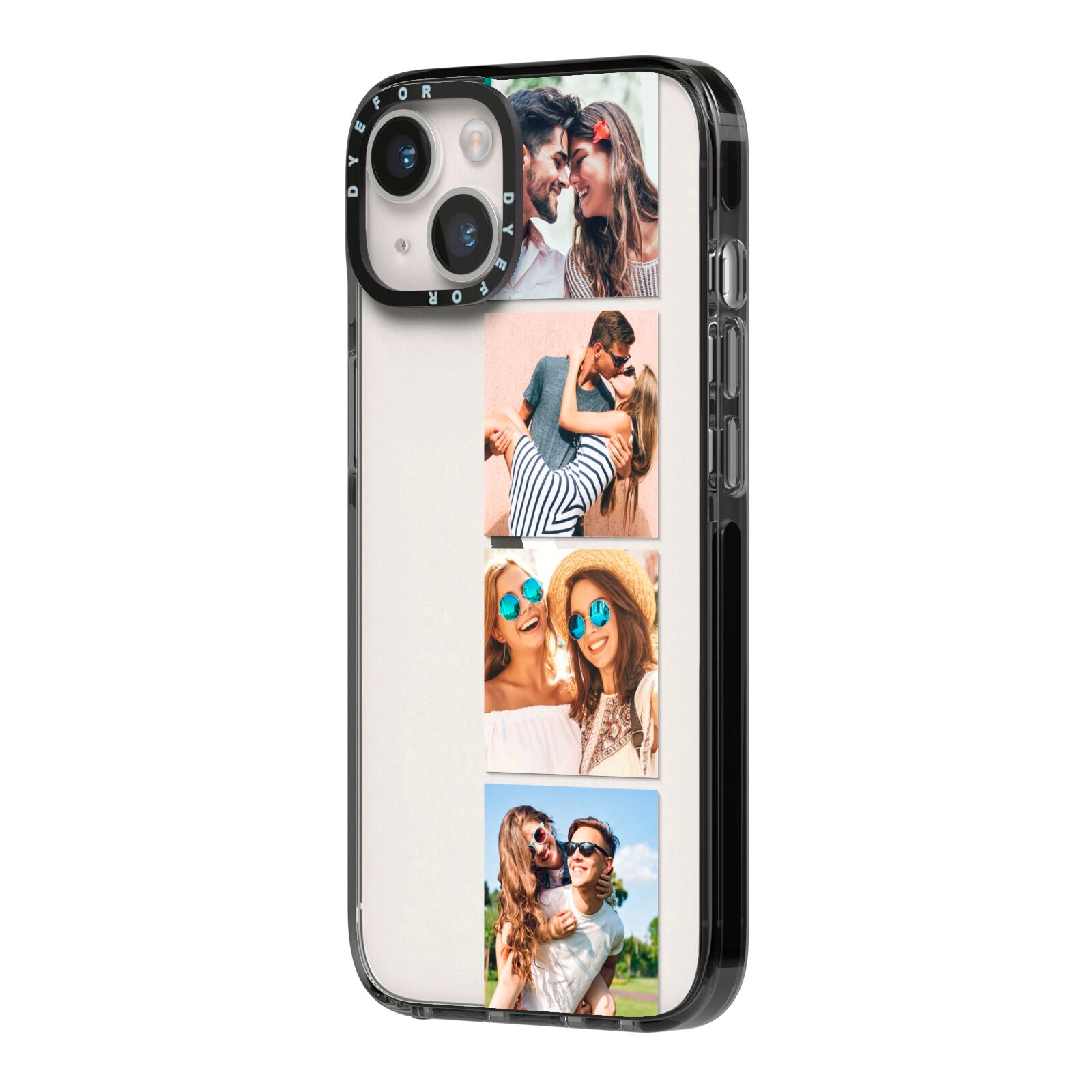 Photo Strip Montage Upload iPhone 14 Black Impact Case Side Angle on Silver phone