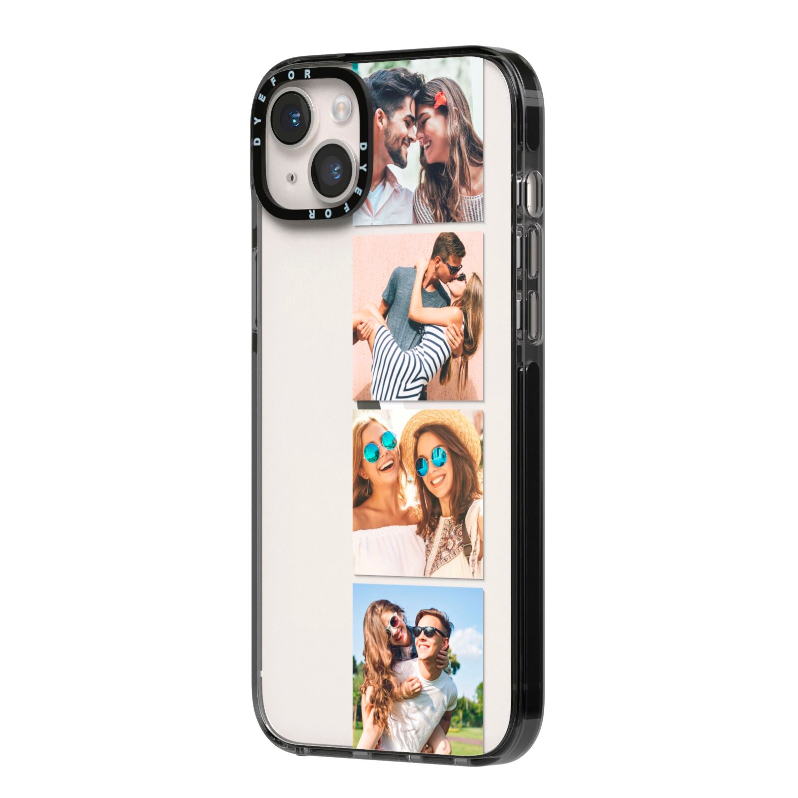 Photo Strip Montage Upload iPhone 14 Plus Black Impact Case Side Angle on Silver phone