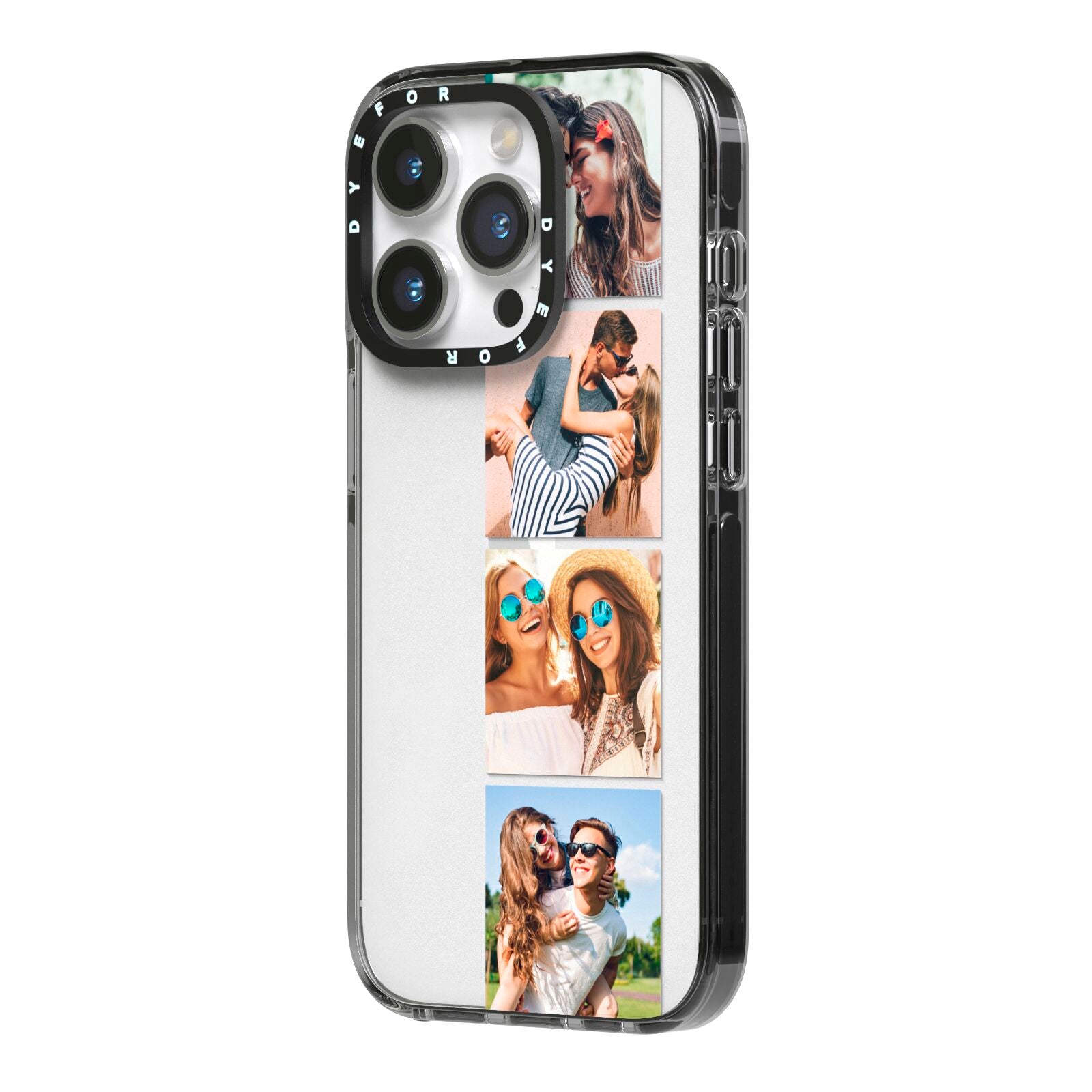 Photo Strip Montage Upload iPhone 14 Pro Black Impact Case Side Angle on Silver phone