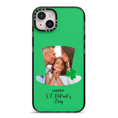Photo Upload Leprechaun Hat iPhone 14 Plus Black Impact Case on Silver phone