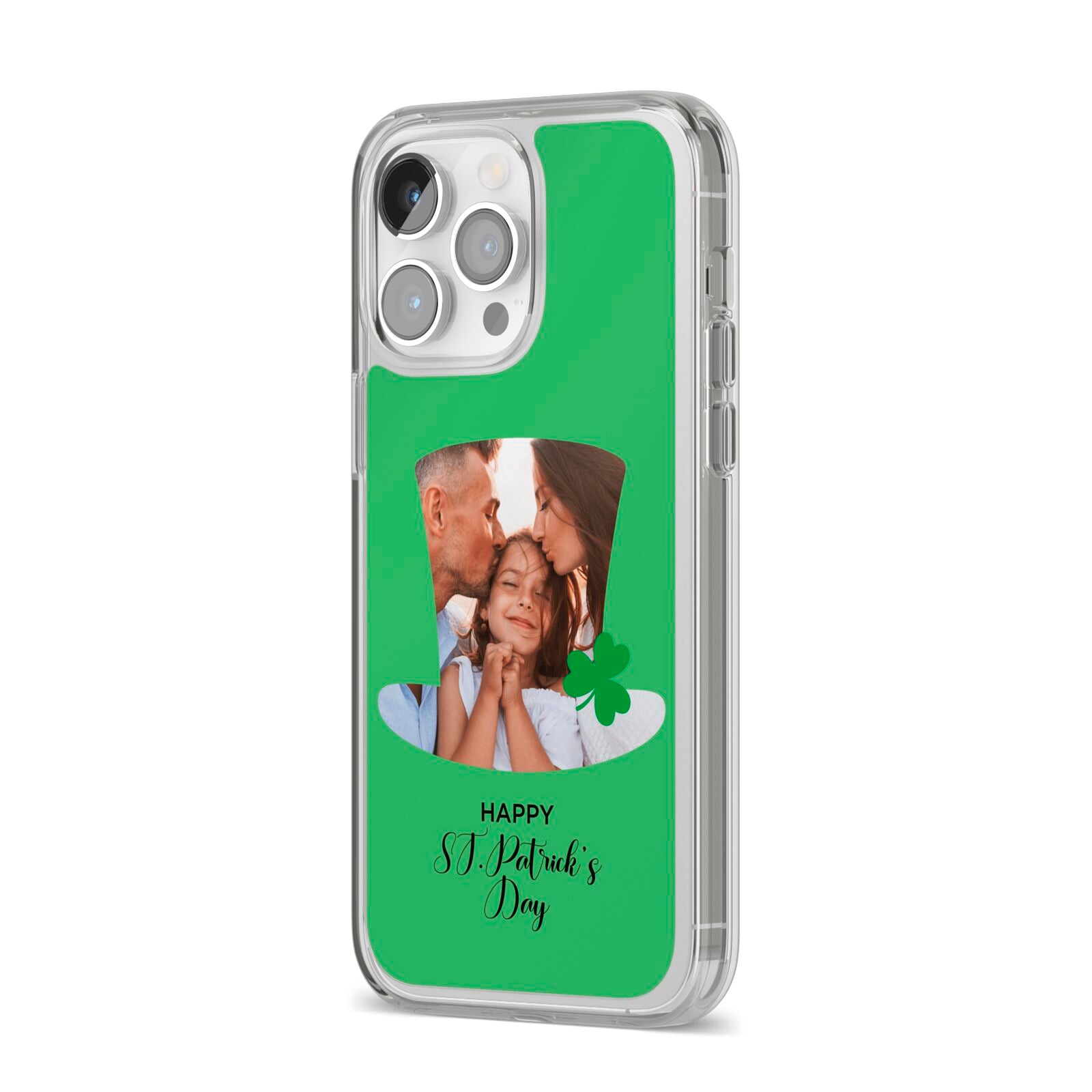 Photo Upload Leprechaun Hat iPhone 14 Pro Max Clear Tough Case Silver Angled Image